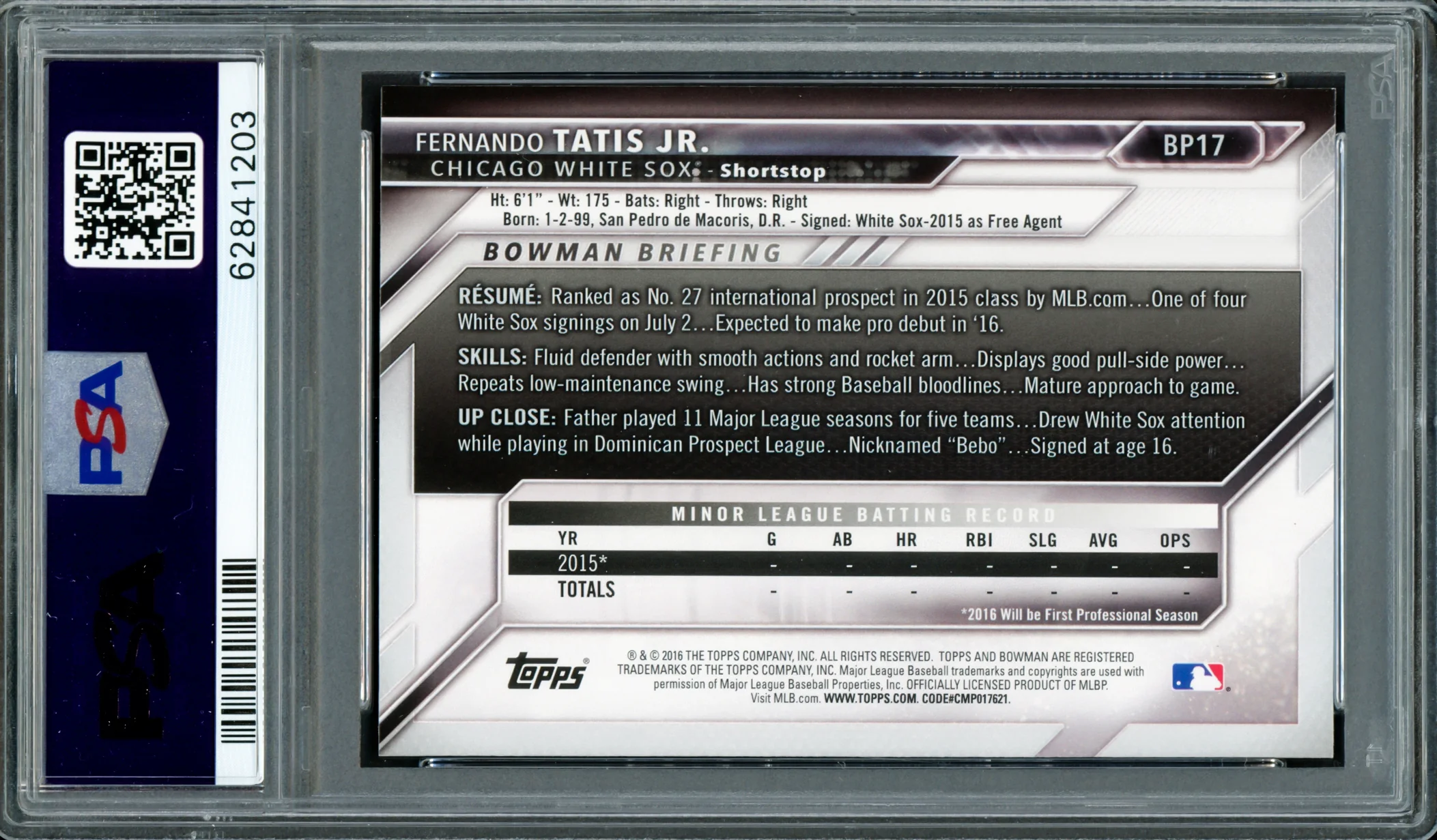 Fernando Tatis Jr. Autographed 2016 Bowman Prospects Rookie Card #BP17 San Diego Padres PSA 9 Auto Grade Mint 9 PSA/DNA Stock #208568 - Image 2