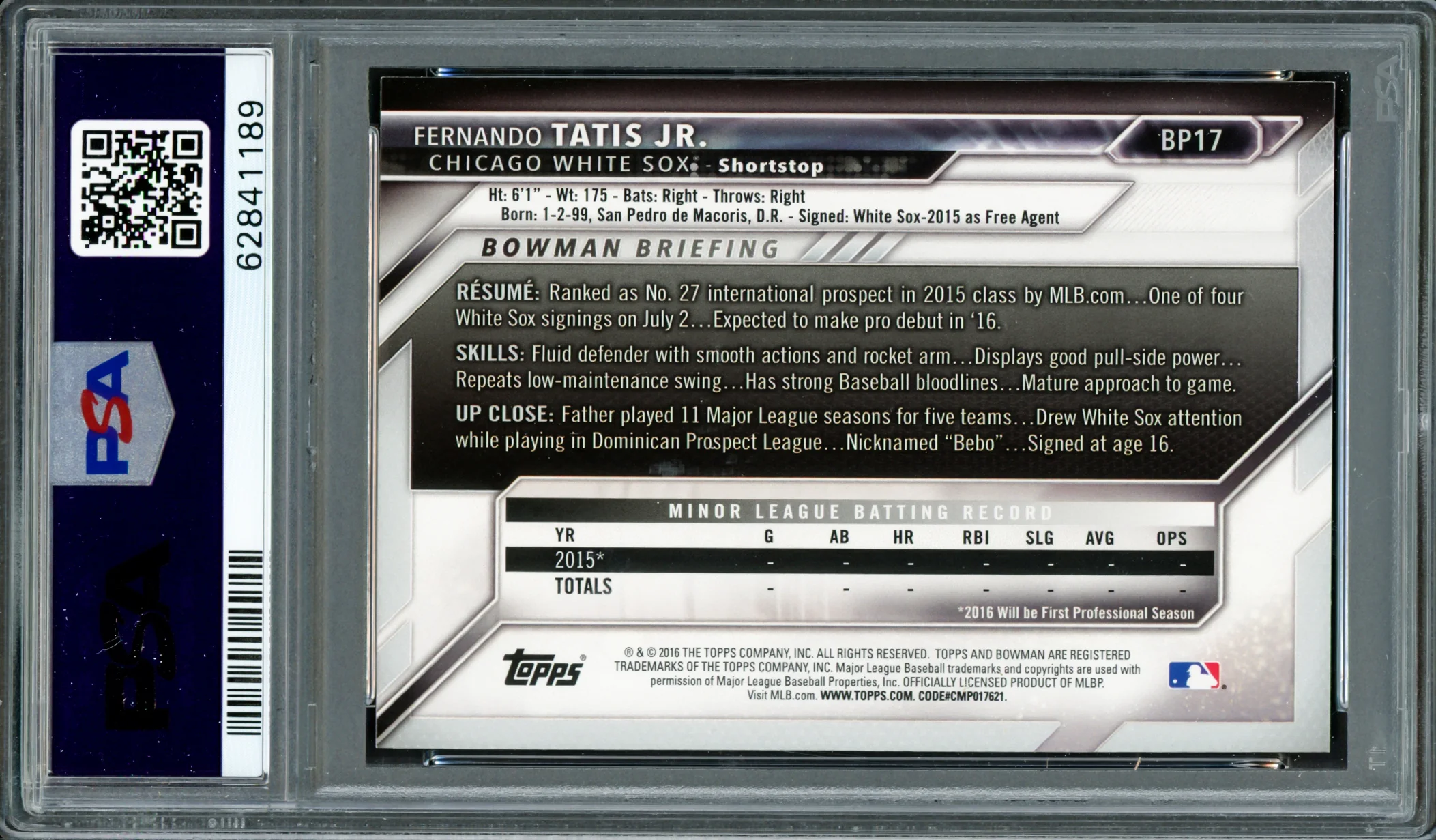 Fernando Tatis Jr. Autographed 2016 Bowman Prospects Yellow Rookie Card #BP17 San Diego Padres PSA 7 Auto Grade Gem Mint 10 PSA/DNA #62841189 - Image 2