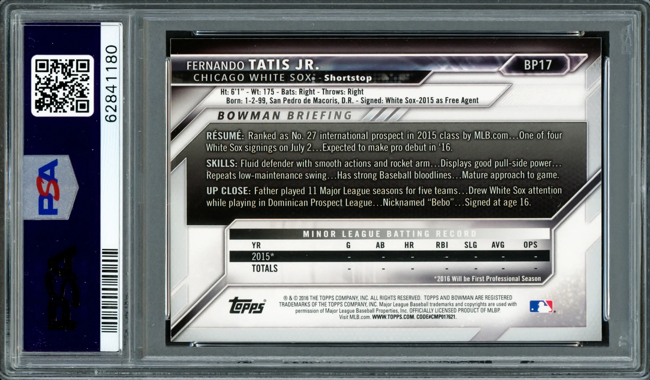 Fernando Tatis Jr. Autographed 2016 Bowman Prospects Yellow Rookie Card #BP17 San Diego Padres PSA 8 Auto Grade Gem Mint 10 PSA/DNA #62841180 - Image 2