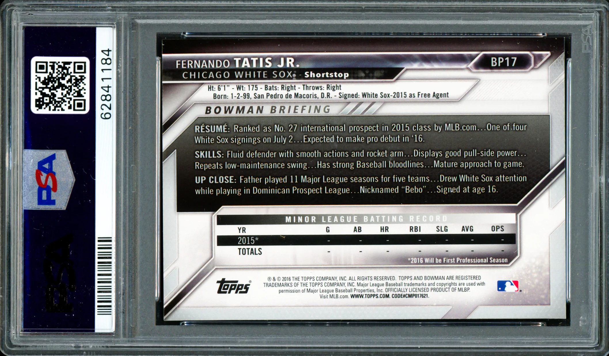 Fernando Tatis Jr. Autographed 2016 Bowman Prospects Yellow Rookie Card #BP17 San Diego Padres PSA 8 Auto Grade Gem Mint 10 PSA/DNA #62841184 - Image 2