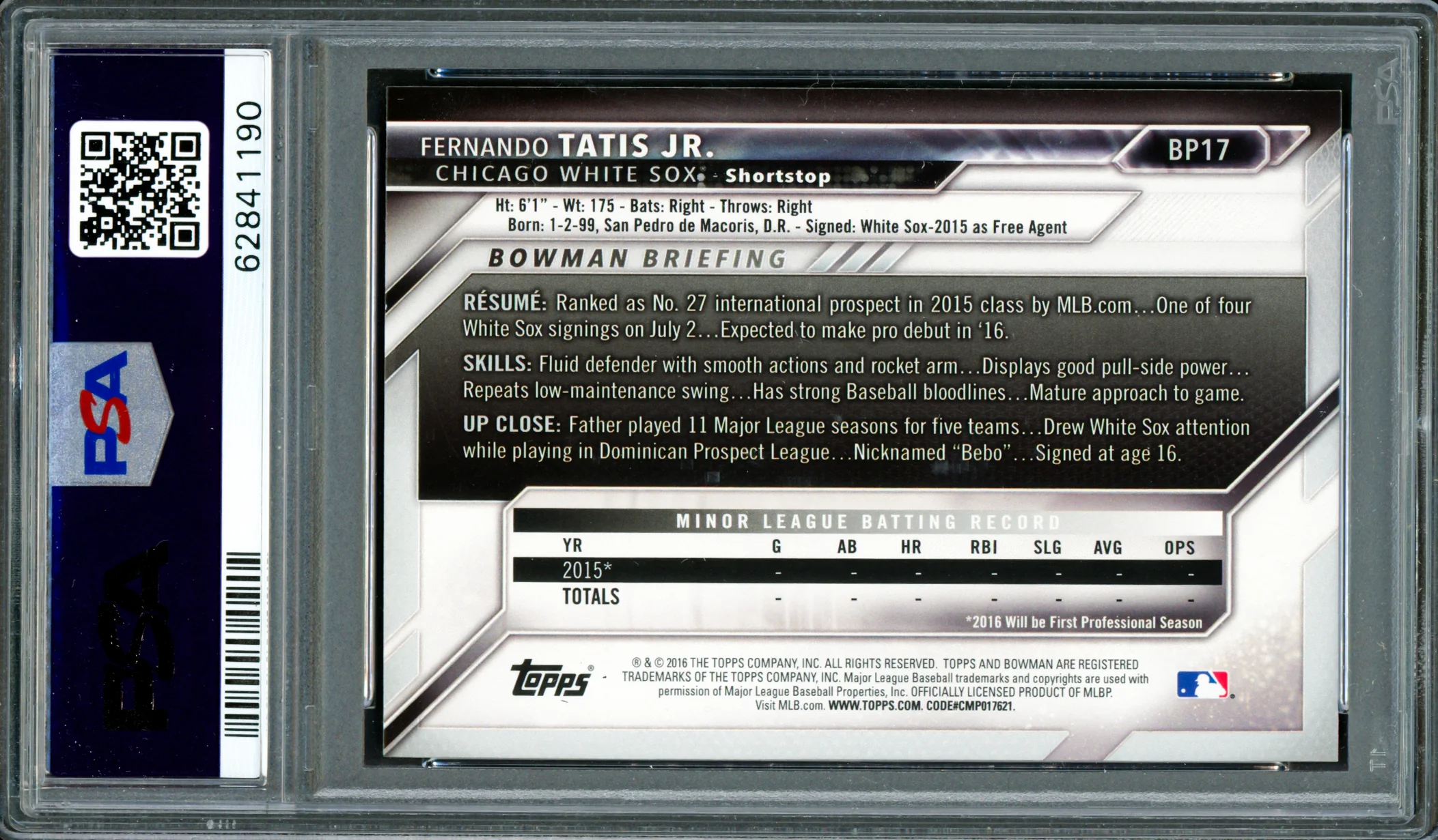 Fernando Tatis Jr. Autographed 2016 Bowman Prospects Yellow Rookie Card #BP17 San Diego Padres PSA 8 Auto Grade Gem Mint 10 PSA/DNA #62841190 - Image 2