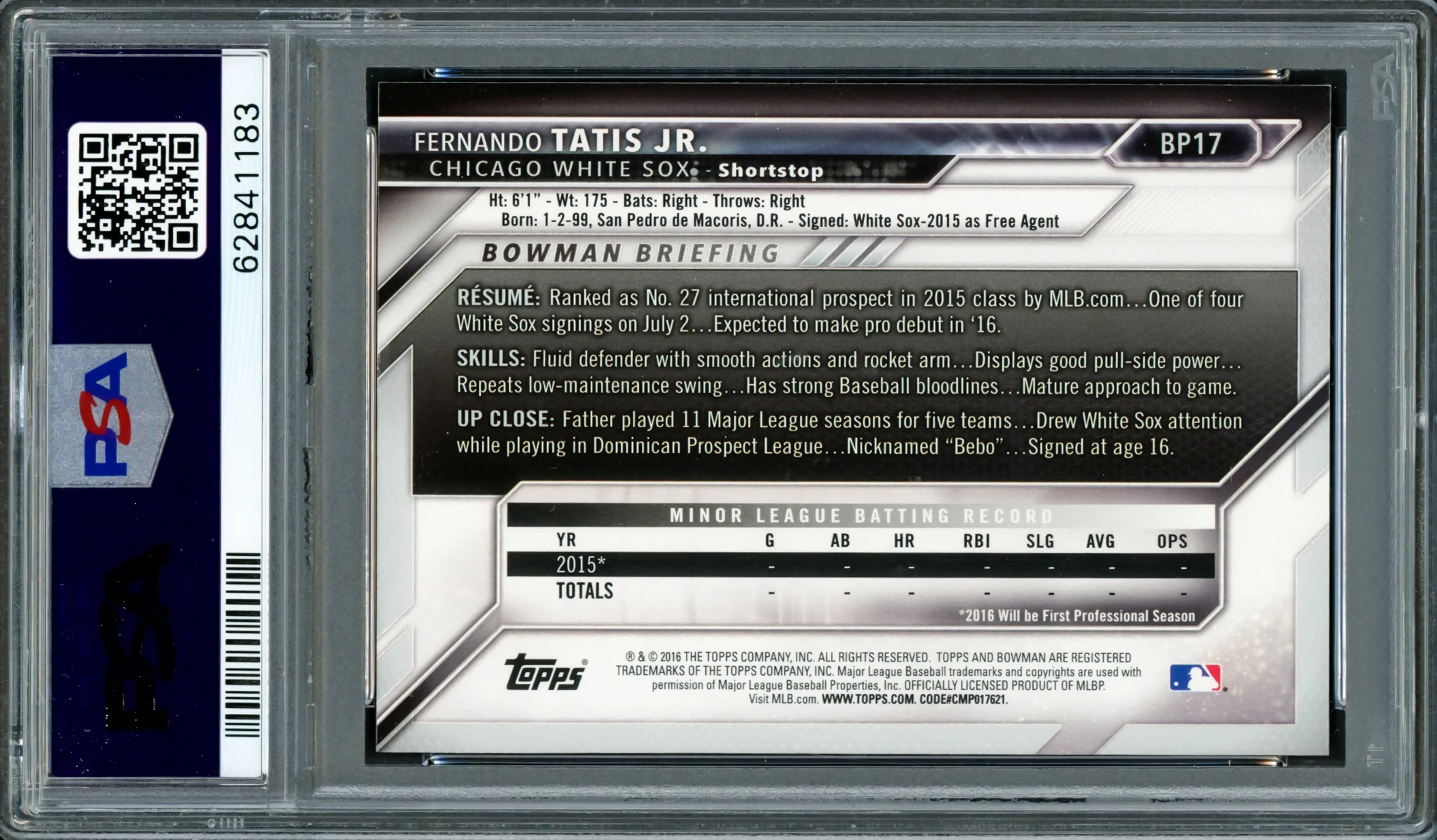Fernando Tatis Jr. Autographed 2016 Bowman Prospects Yellow Rookie Card #BP17 San Diego Padres PSA 9 Auto Grade Gem Mint 10 PSA/DNA #62841183 - Image 2