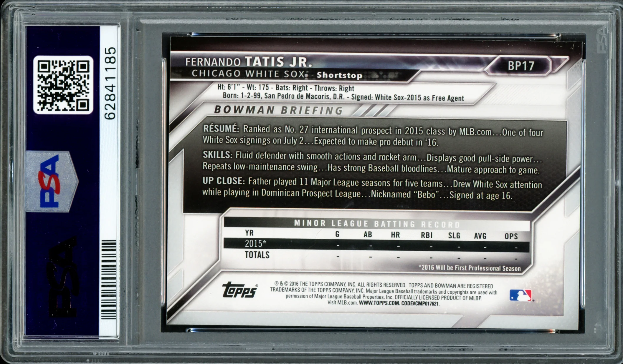 Fernando Tatis Jr. Autographed 2016 Bowman Prospects Yellow Rookie Card #BP17 San Diego Padres PSA 9 Auto Grade Gem Mint 10 PSA/DNA #62841185 - Image 2