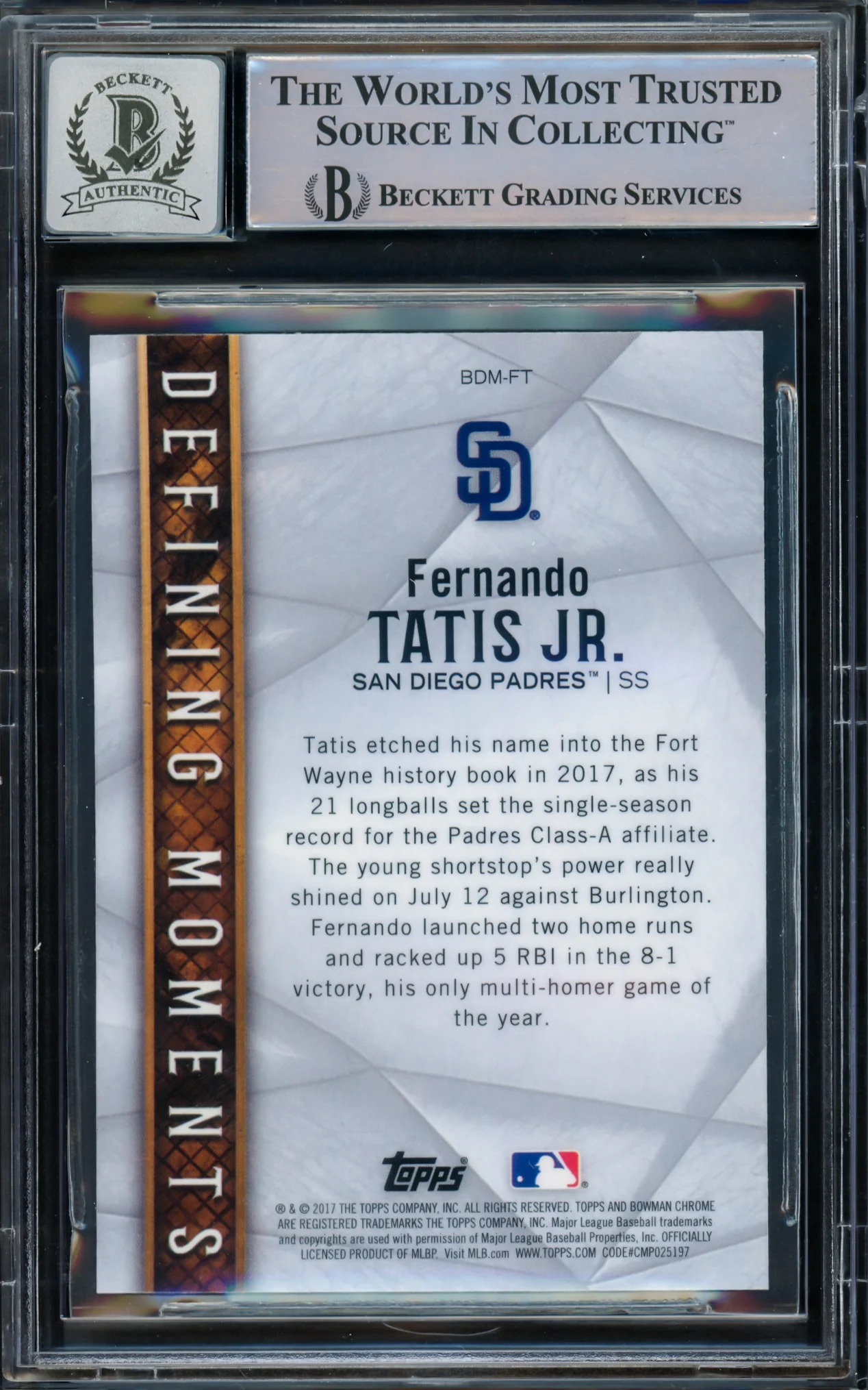 Fernando Tatis Jr. Autographed 2017 Bowman Chrome Draft Defining Moments Rookie Card #BDMFT San Diego Padres Auto Grade Gem Mint 10 Beckett BAS #15774514 - Image 2