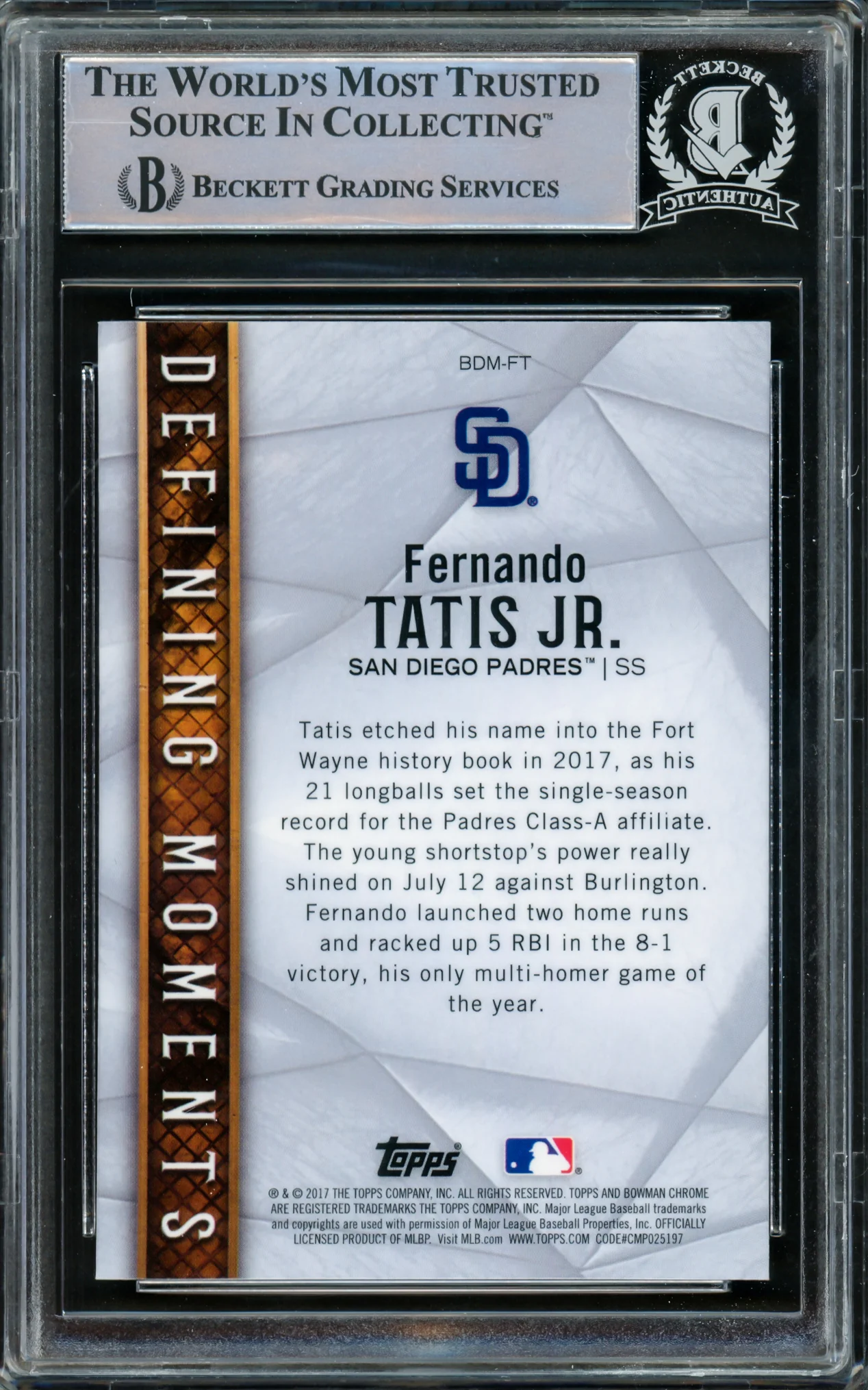 Fernando Tatis Jr. Autographed 2017 Bowman Chrome Draft Defining Moments Rookie Card #BDMFT San Diego Padres Beckett BAS #15781962 - Image 2
