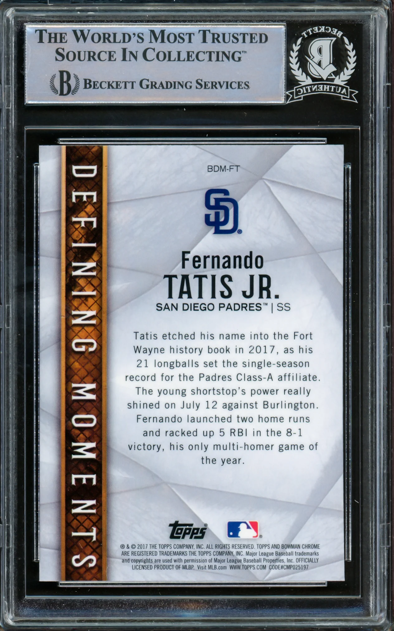 Fernando Tatis Jr. Autographed 2017 Bowman Chrome Draft Defining Moments Rookie Card #BDMFT San Diego Padres Beckett BAS #15781963 - Image 2