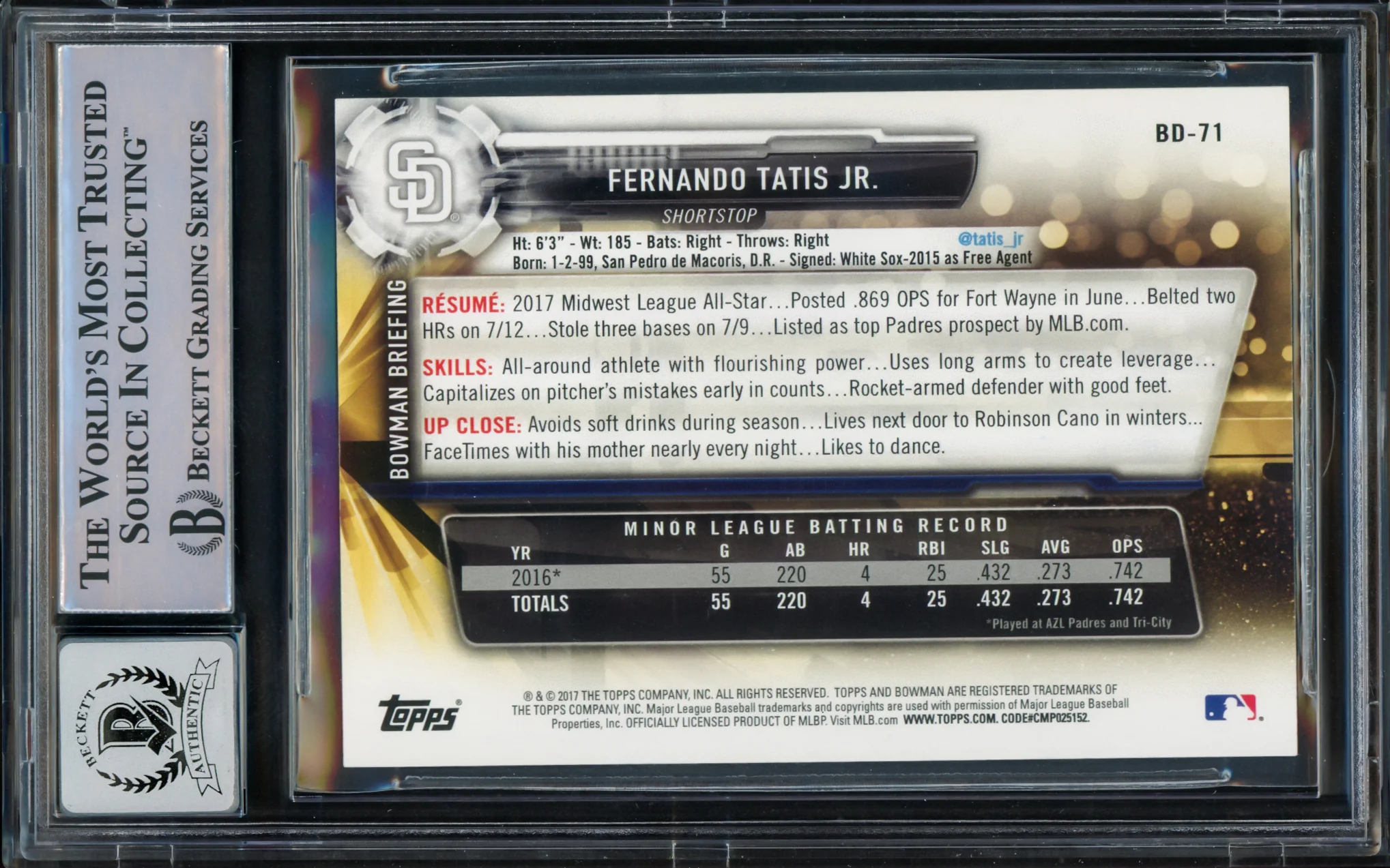 Fernando Tatis Jr. Autographed 2017 Bowman Draft Card #BD71 San Diego Padres Auto Grade Gem Mint 10 Beckett BAS Stock #216663 - Image 2
