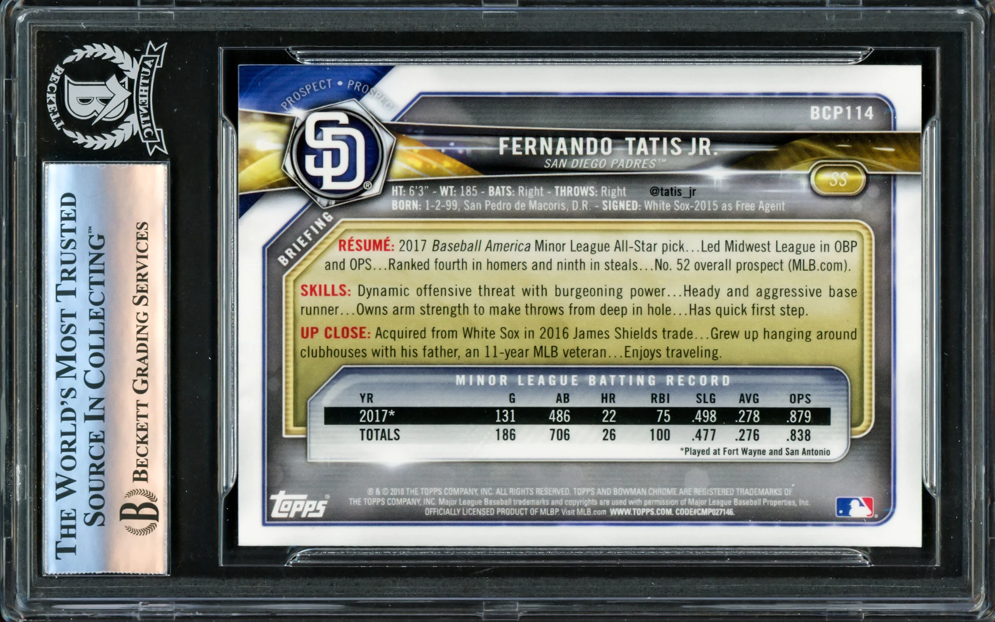 Fernando Tatis Jr. Autographed 2018 Bowman Chrome Prospects Rookie Card #BCP114 San Diego Padres Beckett BAS #16177967 - Image 2