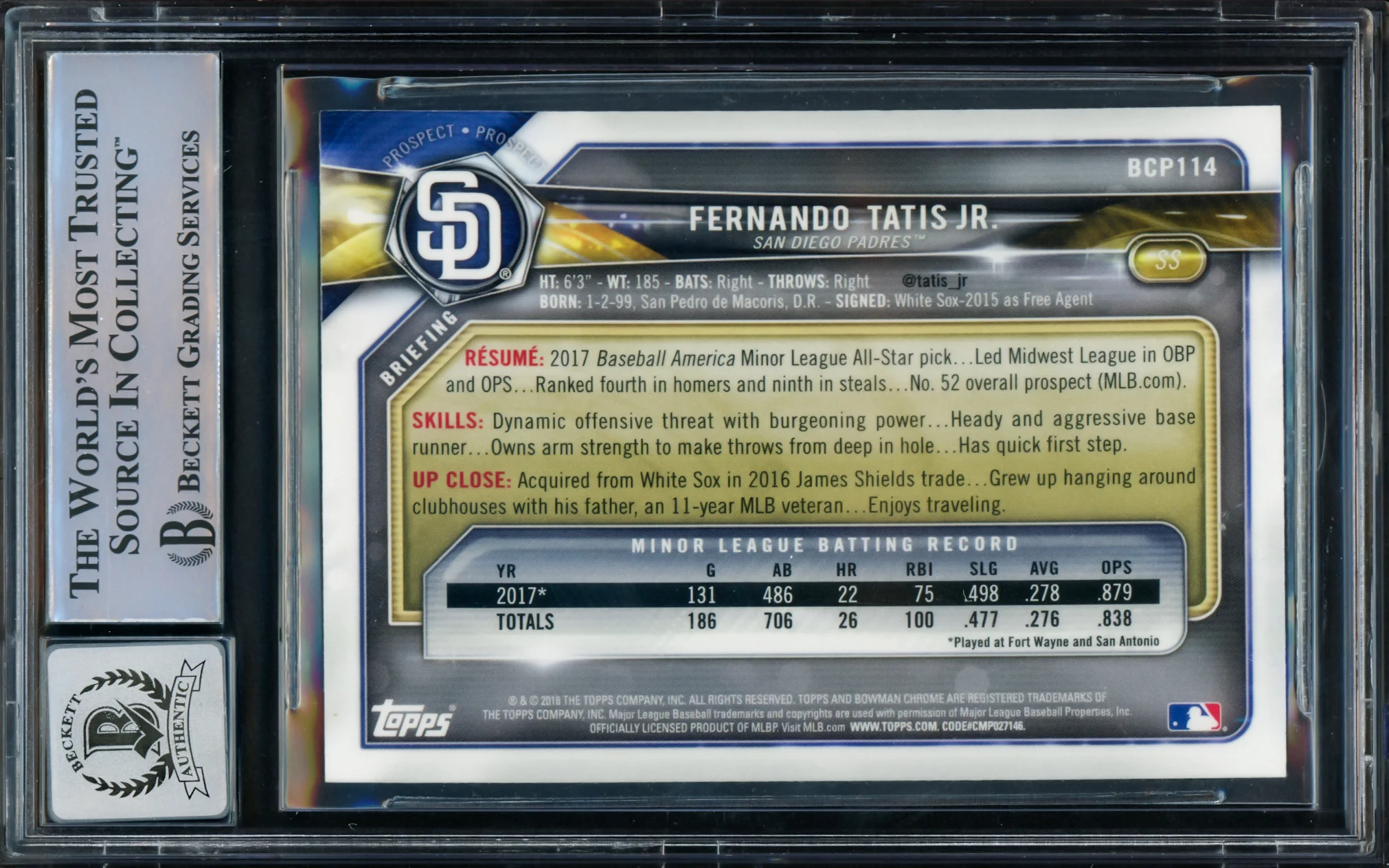 Fernando Tatis Jr. Autographed 2018 Bowman Chrome Rookie Card #BCP114 San Diego Padres Auto Grade Gem Mint 10 Beckett BAS #15774528 - Image 2