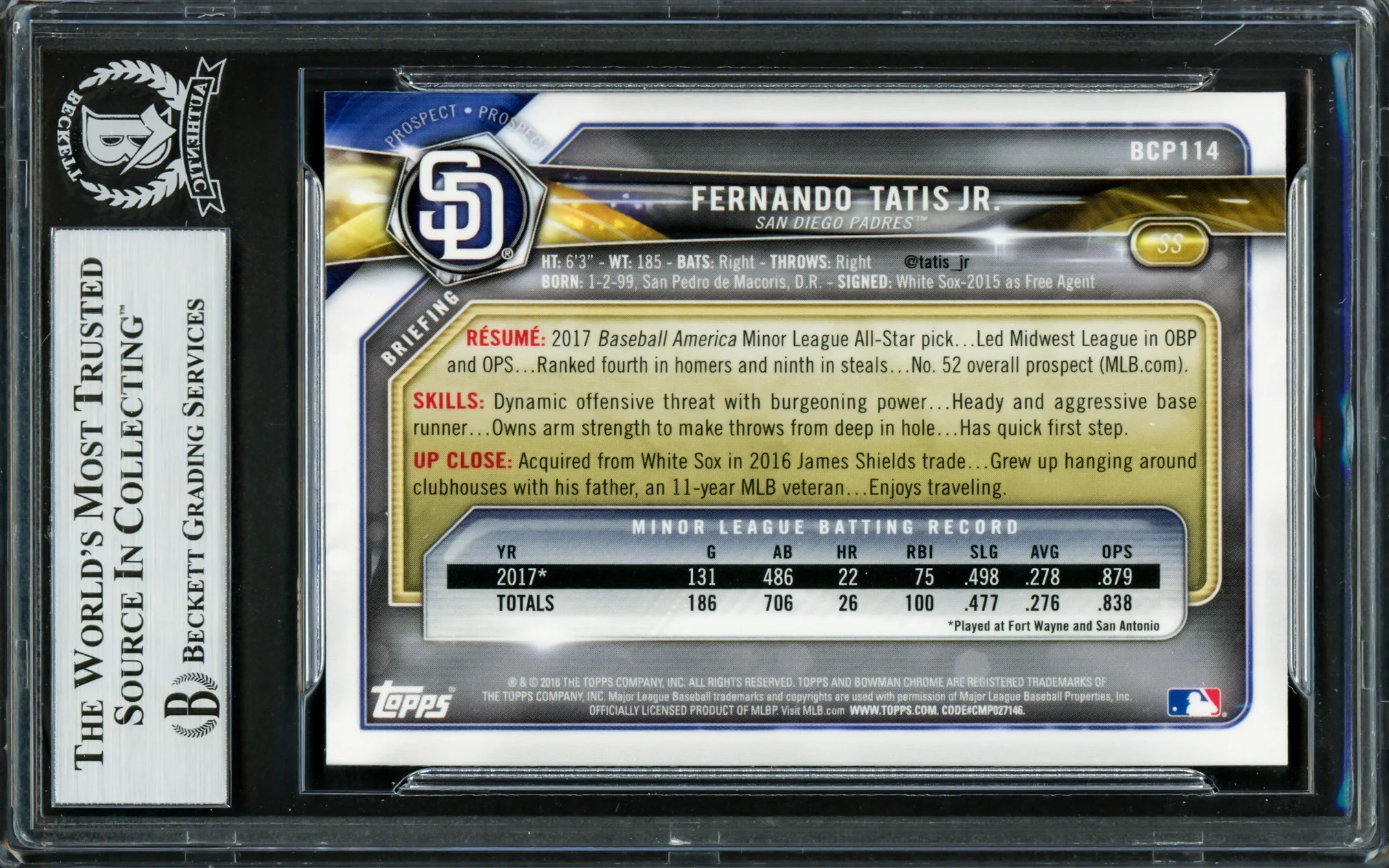 Fernando Tatis Jr. Autographed 2018 Bowman Chrome Rookie Card #BCP114 San Diego Padres Beckett BAS #16705134 - Image 2