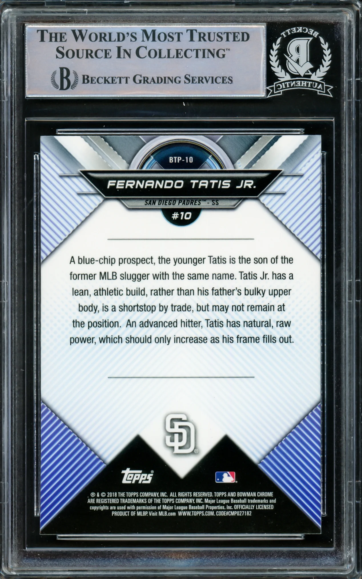 Fernando Tatis Jr. Autographed 2018 Bowman Chrome Top 100 Rookie Card #BTP10 San Diego Padres Beckett BAS #15781976 - Image 2