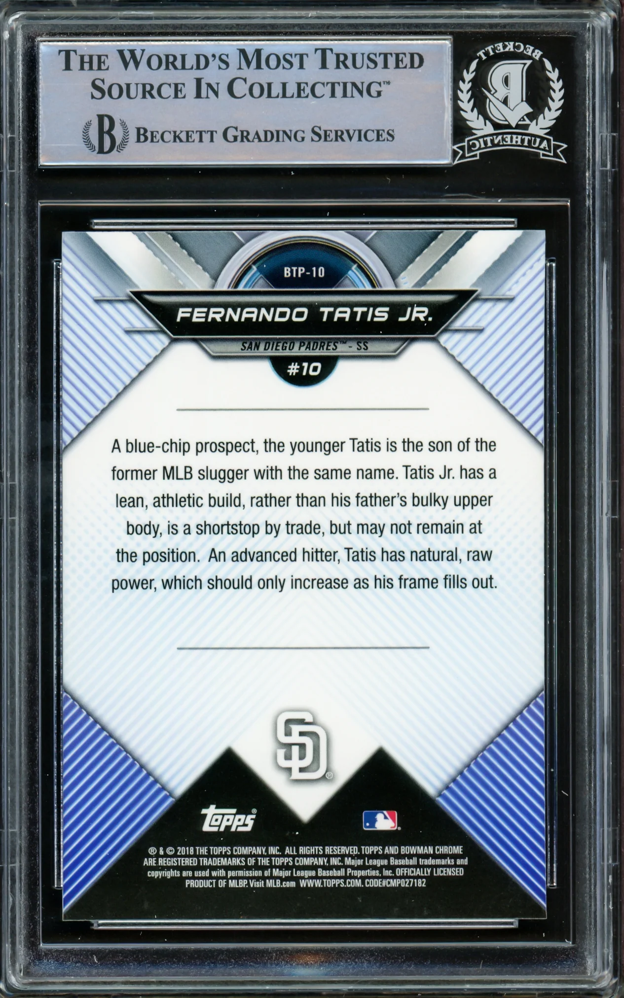 Fernando Tatis Jr. Autographed 2018 Bowman Chrome Top 100 Rookie Card #BTP10 San Diego Padres Beckett BAS #15781977 - Image 2