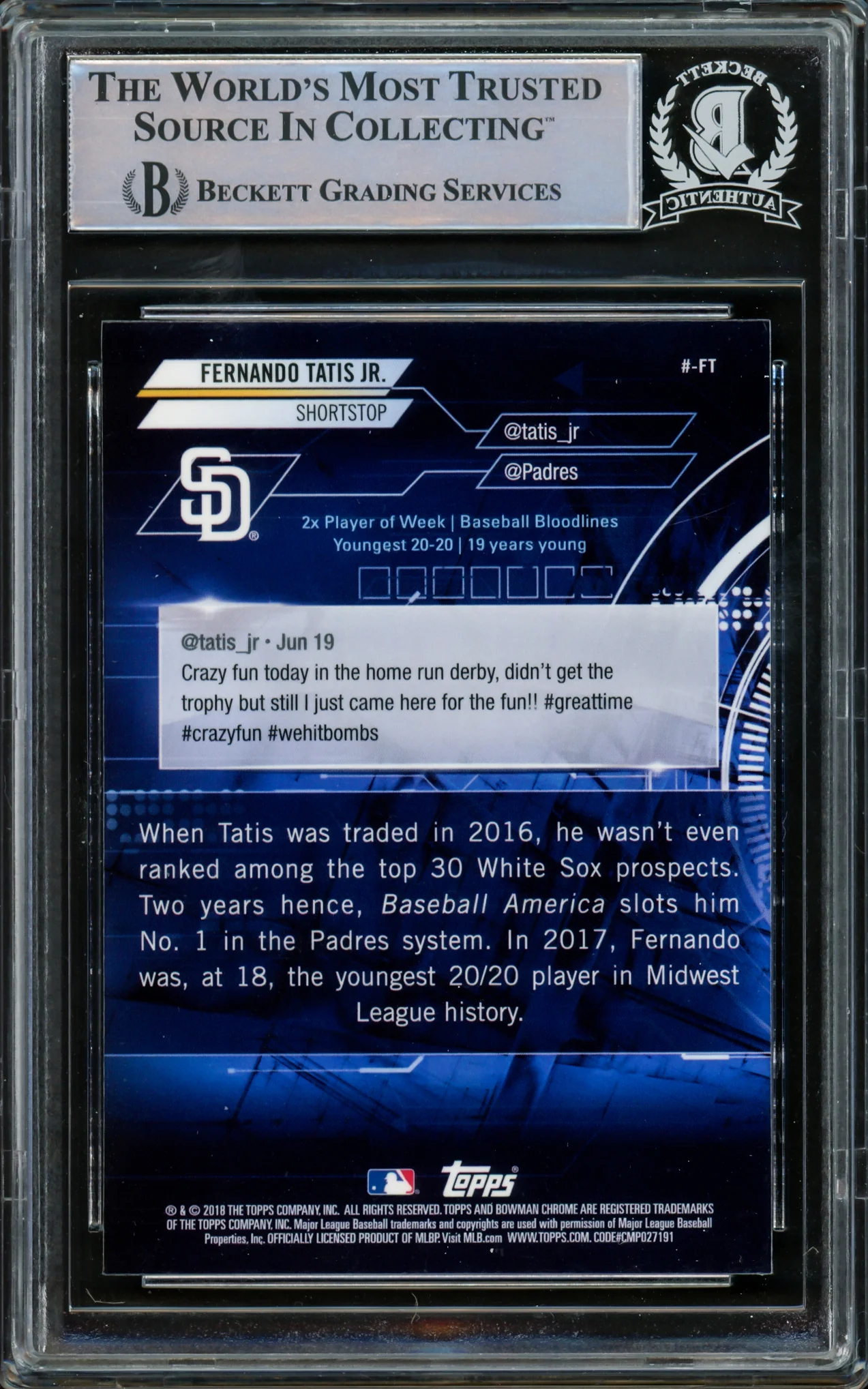 Fernando Tatis Jr. Autographed 2018 Bowman Chrome Trending Rookie Card #-FT San Diego Padres Beckett BAS #15781974 - Image 2