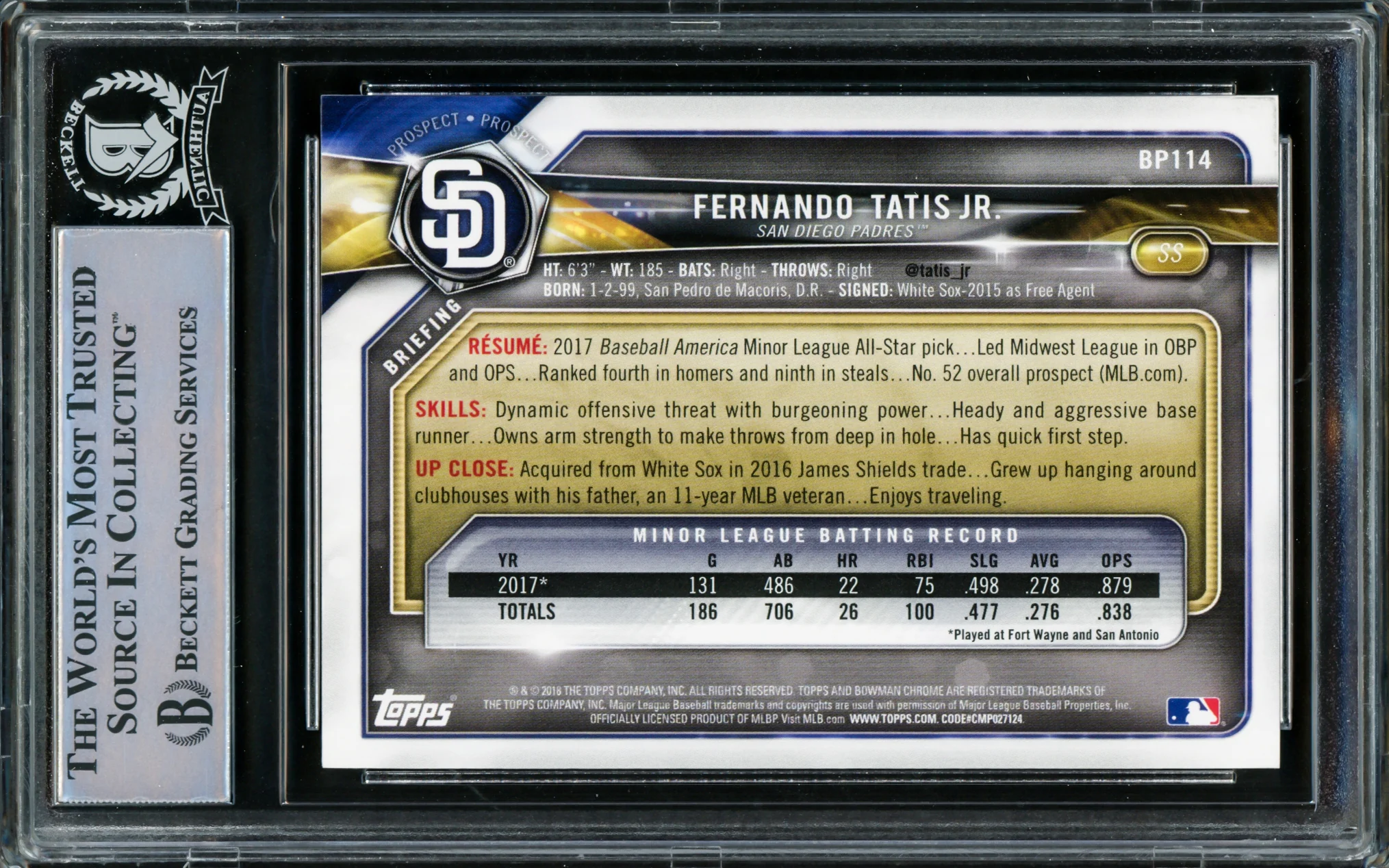 Fernando Tatis Jr. Autographed 2018 Bowman Prospects Card #BP114 San Diego Padres Beckett BAS Stock #216872 - Image 2