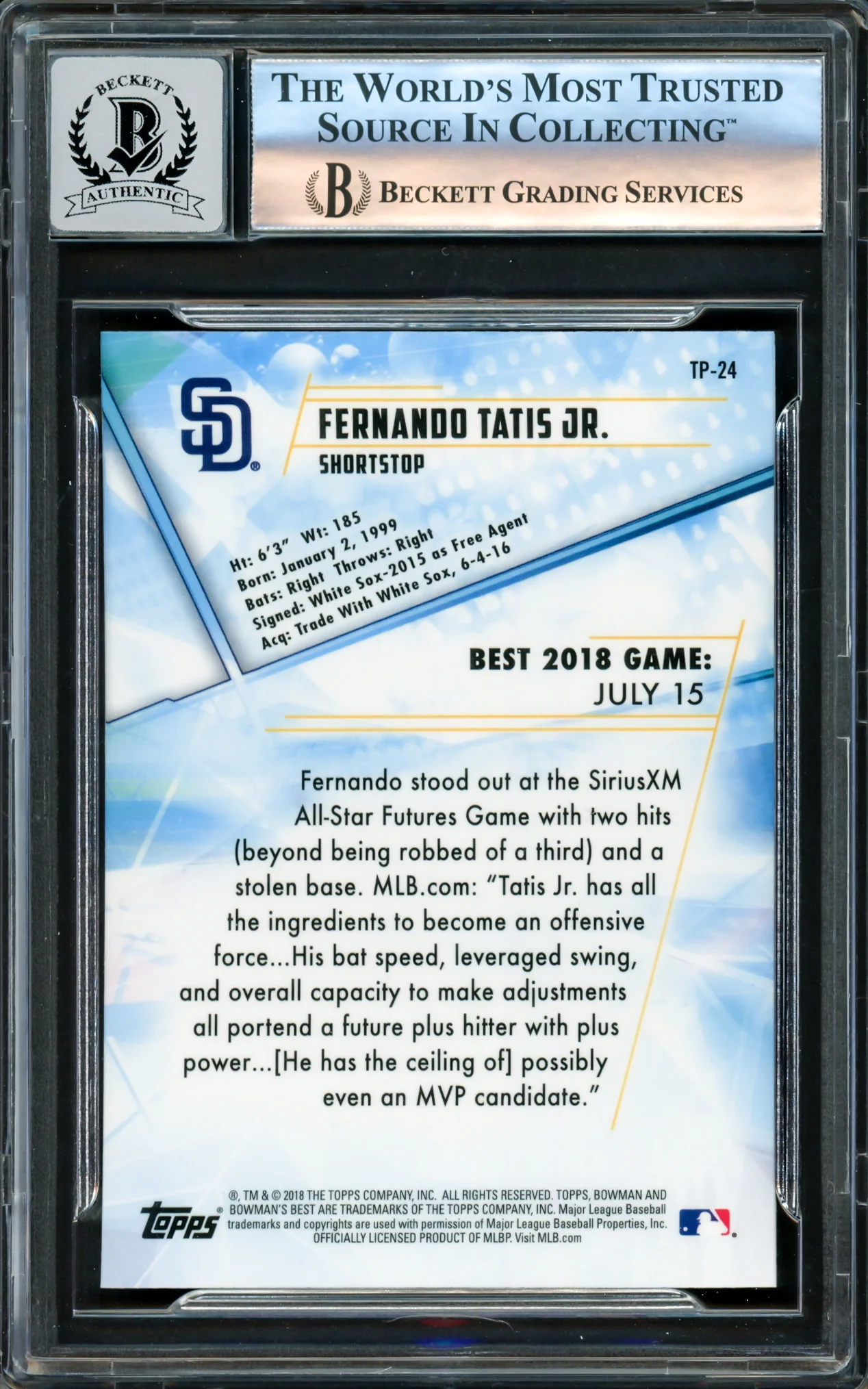 Fernando Tatis Jr. Autographed 2018 Bowman's Best Rookie Card #TP-24 San Diego Padres Auto Grade Gem Mint 10 Beckett BAS #16172837 - Image 2