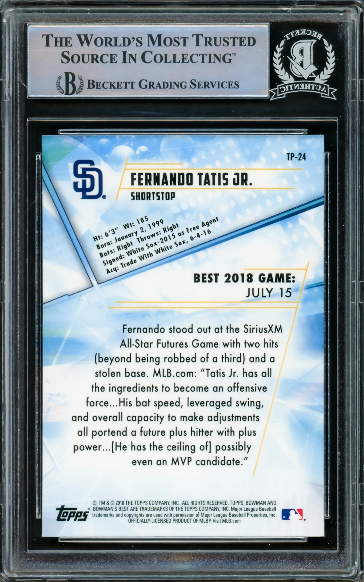 Fernando Tatis Jr. Autographed 2018 Bowman's Best Top Prospect Rookie Card #TP-24 San Diego Padres Beckett BAS #15500717 - Image 2
