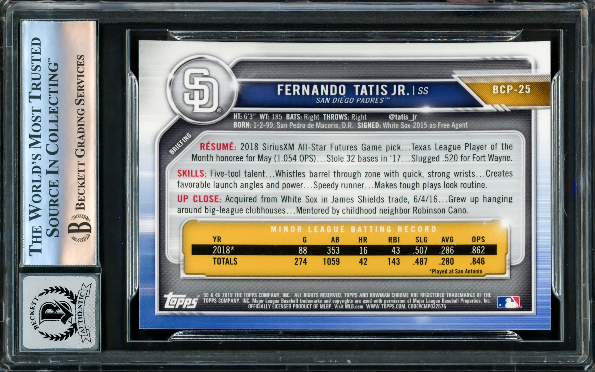 Fernando Tatis Jr. Autographed 2019 Bowman Chrome Prospects Rookie Card #BCP25 San Diego Padres Auto Grade Gem Mint 10 Beckett BAS #16172840 - Image 2