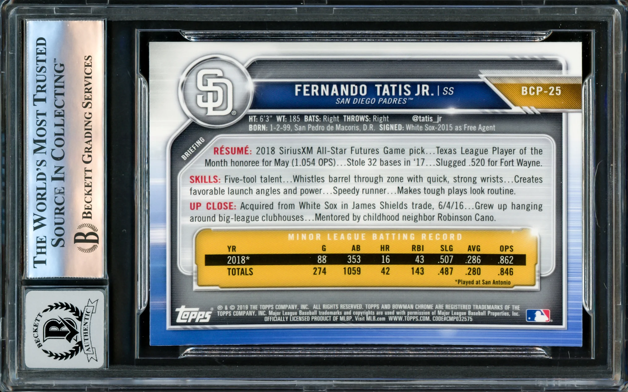 Fernando Tatis Jr. Autographed 2019 Bowman Chrome Prospects Rookie Card #BCP25 San Diego Padres Auto Grade Gem Mint 10 Beckett BAS #16172841 - Image 2