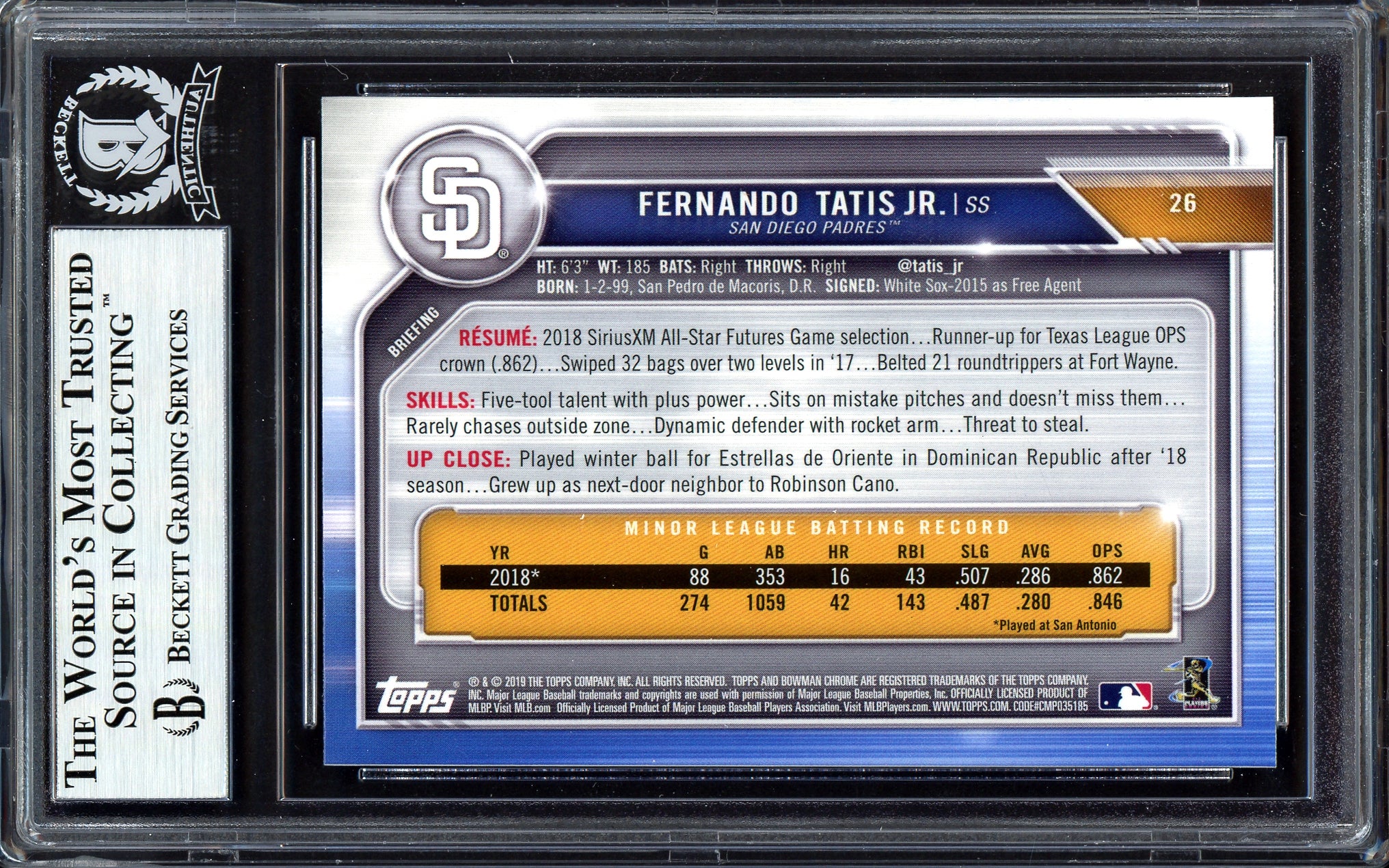 Fernando Tatis Jr. Autographed 2019 Bowman Chrome Rookie Card #26 San Diego Padres Beckett BAS #13609653 - Image 2