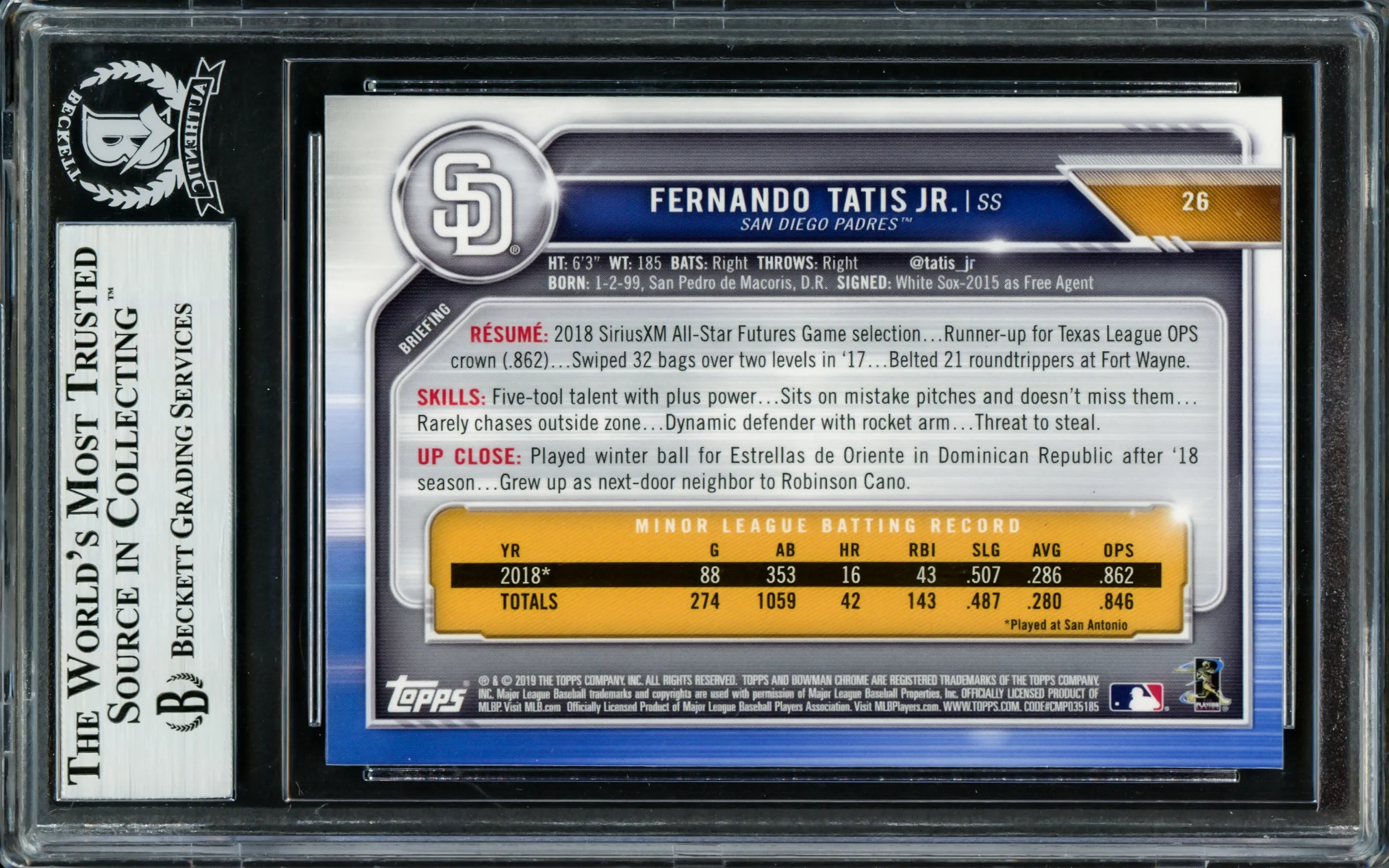 Fernando Tatis Jr. Autographed 2019 Bowman Chrome Rookie Card #26 San Diego Padres Beckett BAS Stock #220229 - Image 2