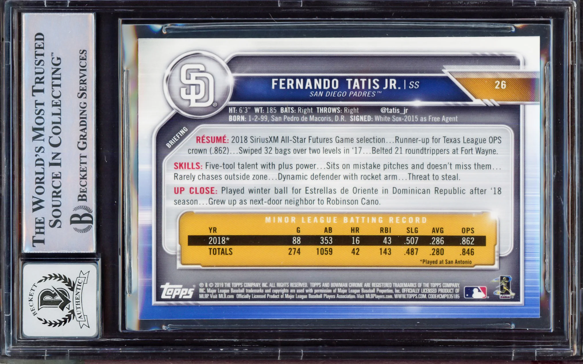 Fernando Tatis Jr. Autographed 2019 Bowman Chrome Rookie Card #26 San Diego Padres BGS 8.5 Auto Grade Gem Mint 10 Beckett BAS #15350637 - Image 2