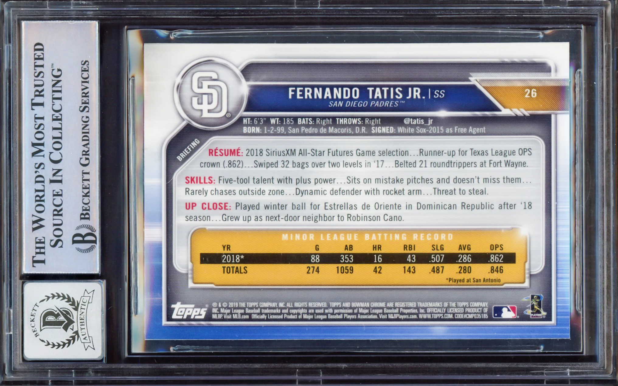 Fernando Tatis Jr. Autographed 2019 Bowman Chrome Rookie Card #26 San Diego Padres BGS 8.5 Auto Grade Gem Mint 10 Beckett BAS #15350638 - Image 2