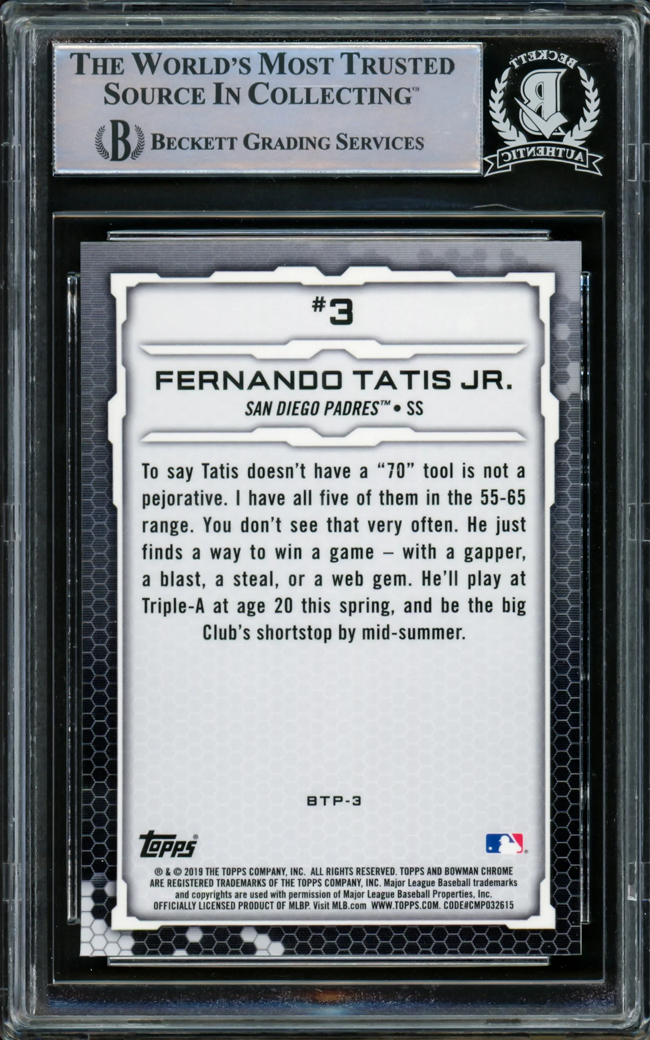 Fernando Tatis Jr. Autographed 2019 Bowman Chrome Scouts Top 100 Card #BTP3 San Diego Padres Beckett BAS Stock #216874 - Image 2
