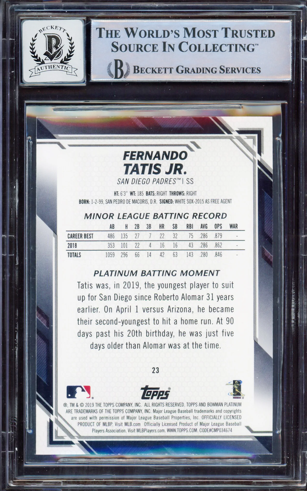 Fernando Tatis Jr. Autographed 2019 Bowman Platinum Variations Rookie Card #23 San Diego Padres BGS 8.5 Auto Grade Gem Mint 10 Beckett BAS #15350609 - Image 2