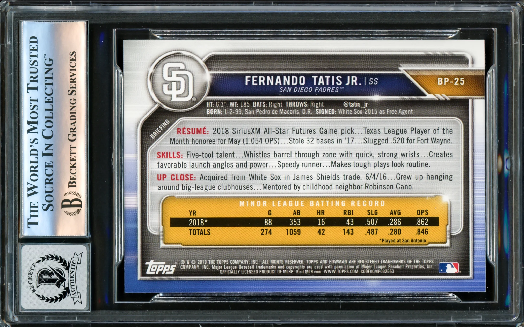 Fernando Tatis Jr. Autographed 2019 Bowman Prospects Rookie Card #BP25 San Diego Padres Auto Grade Gem Mint 10 Beckett BAS #16172838 - Image 2