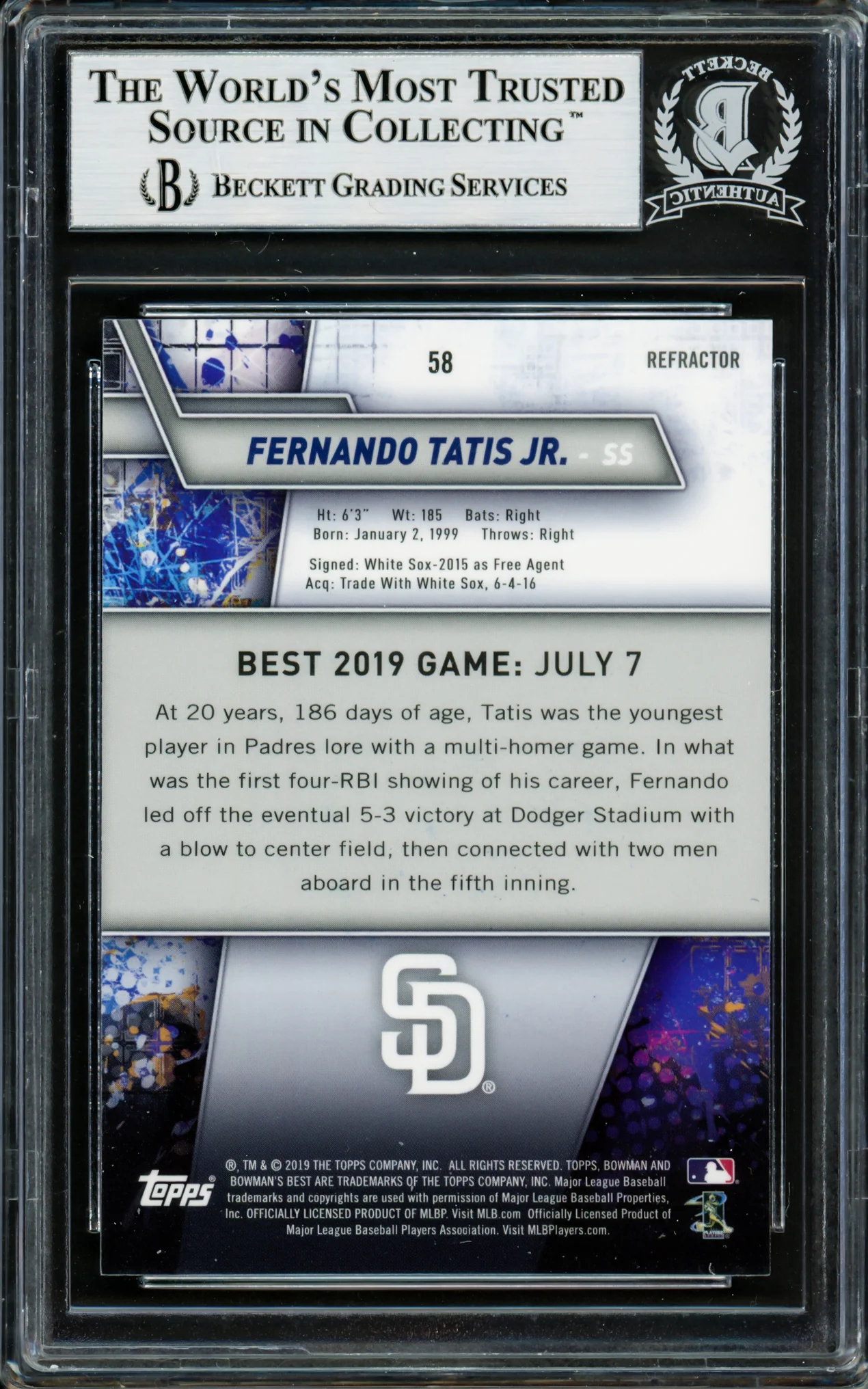 Fernando Tatis Jr. Autographed 2019 Bowman's Best Refractor Rookie Card #58 San Diego Padres Beckett BAS #14066118 - Image 2