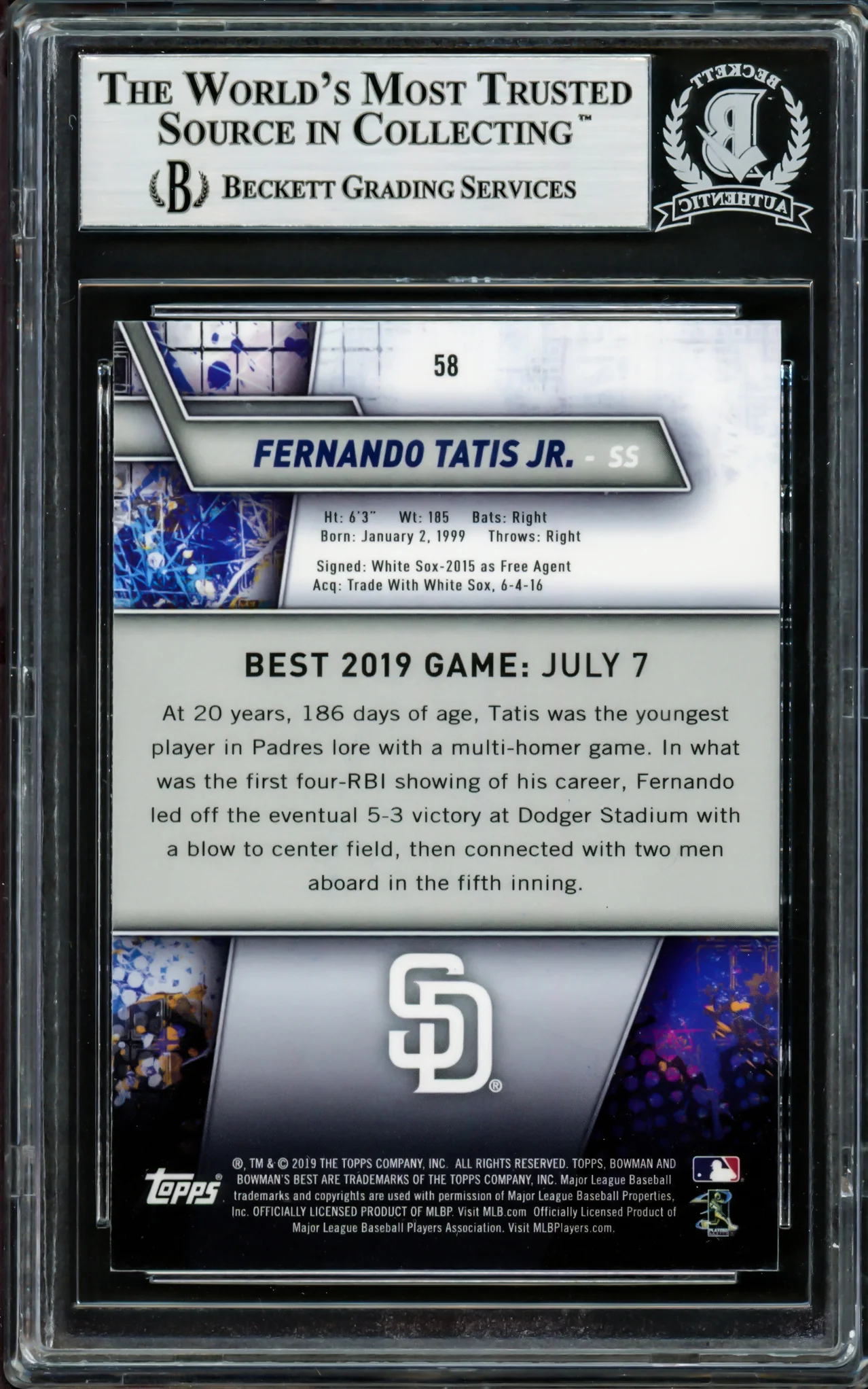 Fernando Tatis Jr. Autographed 2019 Bowman's Best Rookie Card #58 San Diego Padres Beckett BAS Stock #202730 - Image 2
