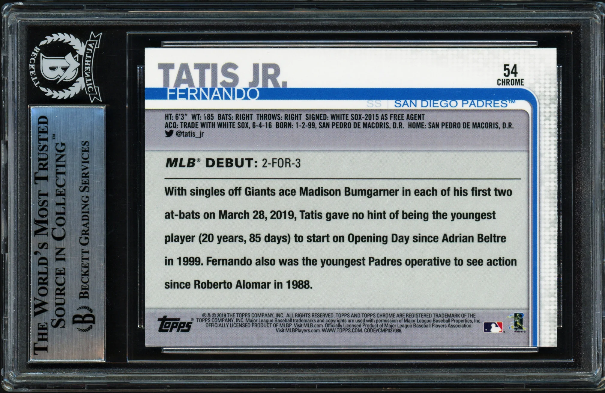 Fernando Tatis Jr. Autographed 2019 Topp Chrome Update Rookie Card #54 San Diego Padres (Bubbling) Beckett BAS Stock #239739 - Image 2