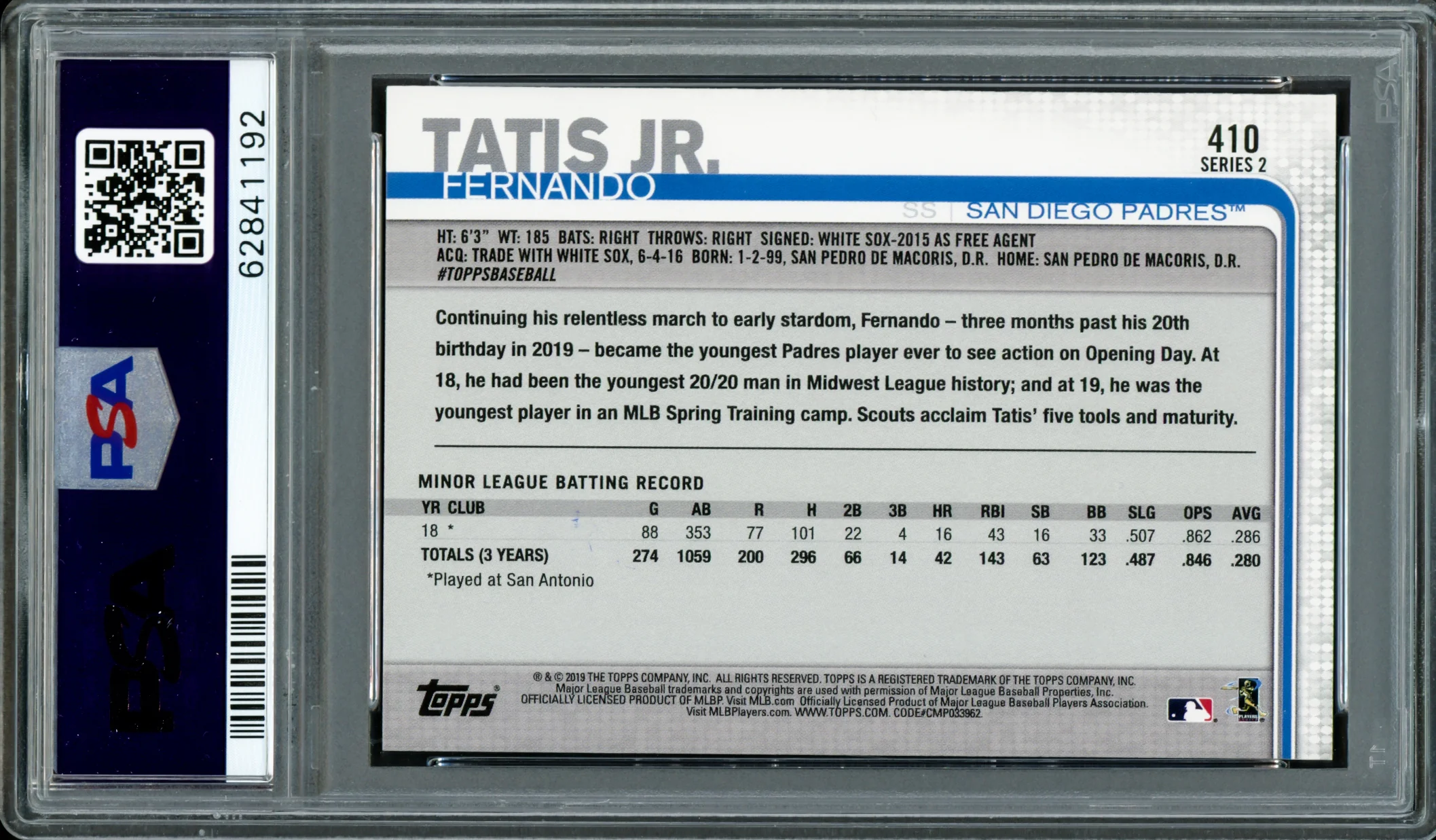 Fernando Tatis Jr. Autographed 2019 Topps 150th Anniversary Rookie Card #410 San Diego Padres PSA 9 Auto Grade Gem Mint 10 Highest Graded PSA/DNA #62841192 - Image 2