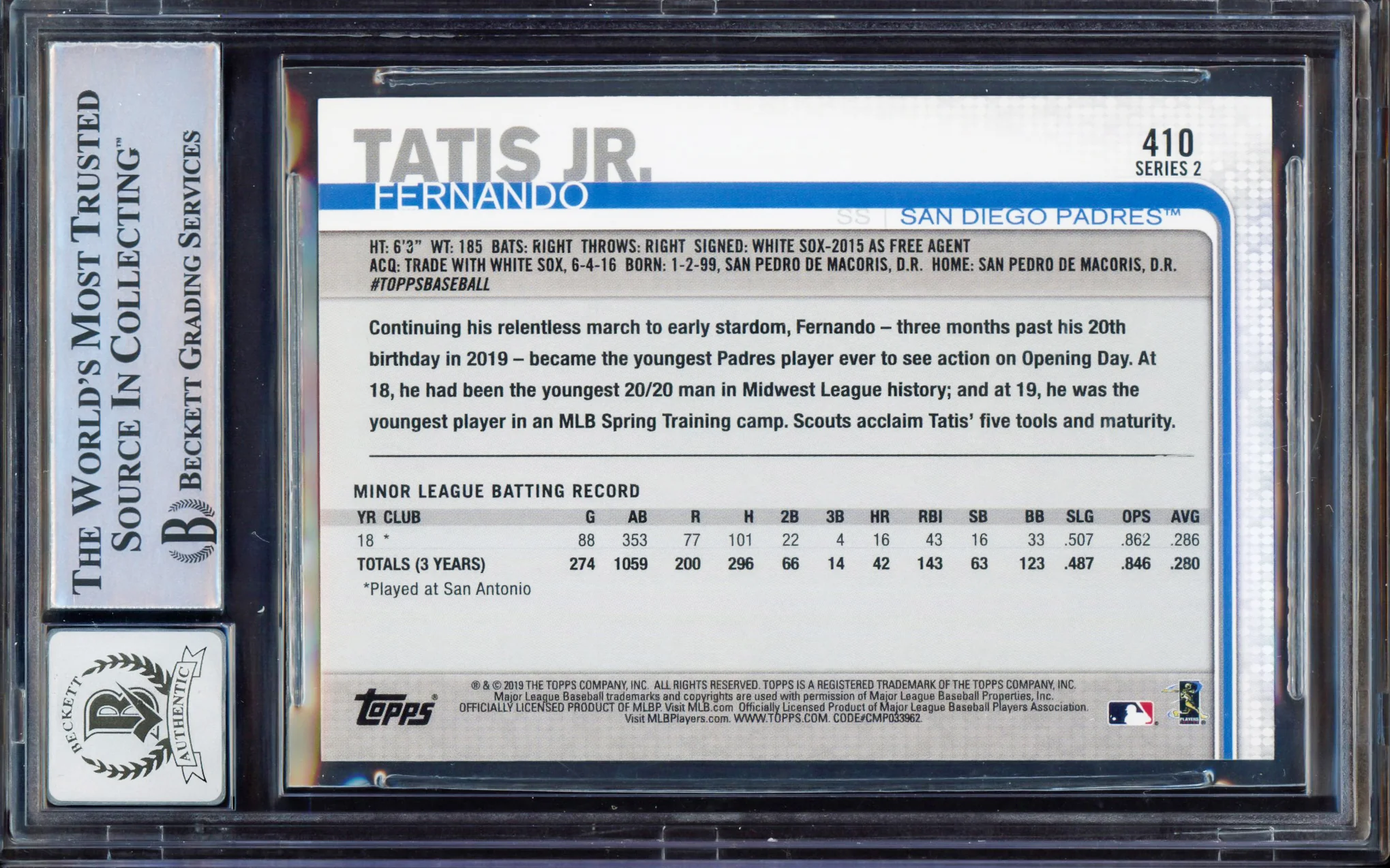 Fernando Tatis Jr. Autographed 2019 Topps All-Star Rookie Card #410 San Diego Padres BGS 9 Auto Grade Gem Mint 10 Beckett BAS #15350433 - Image 2