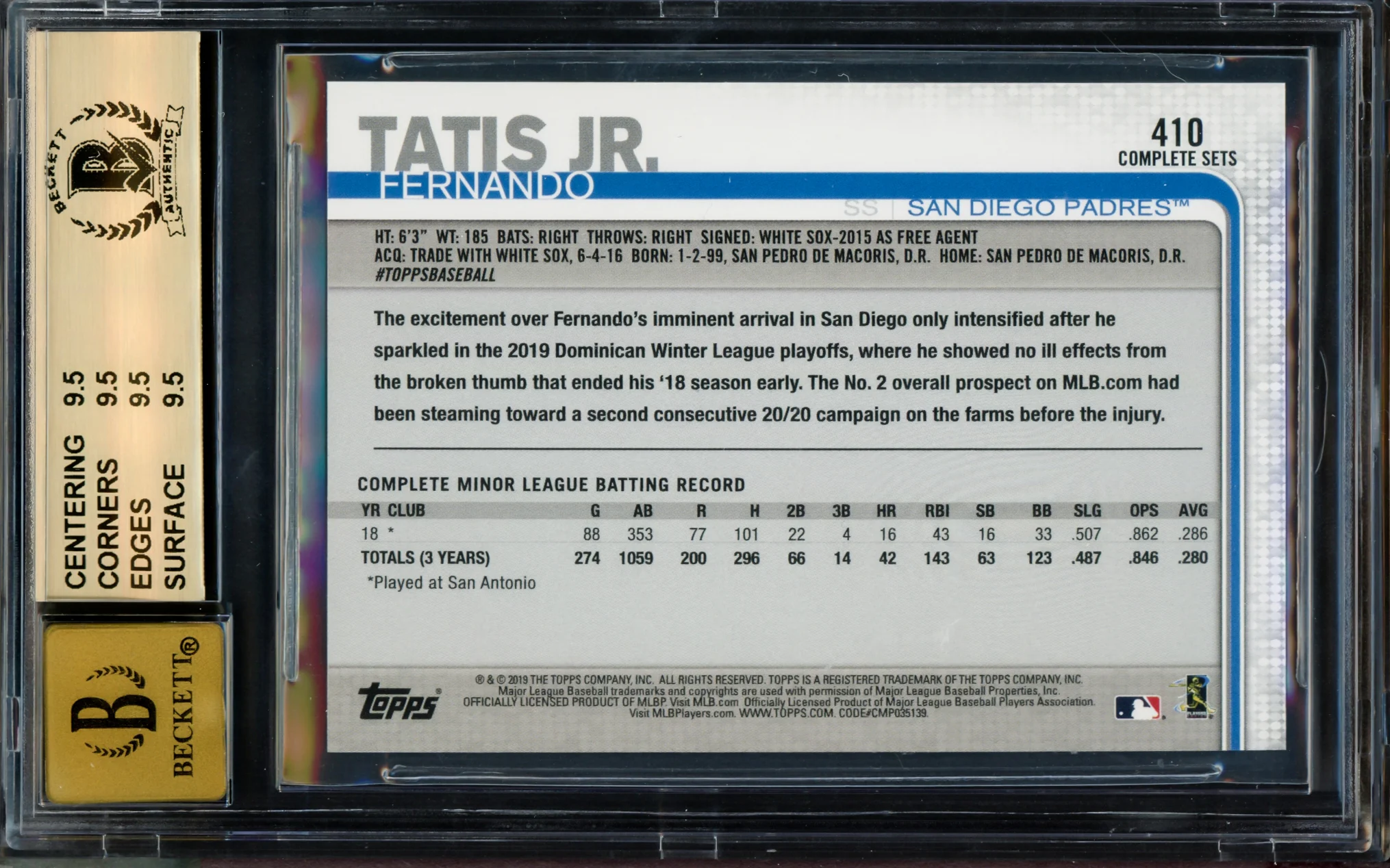 Fernando Tatis Jr. Autographed 2019 Topps Base Set Photo Variations Rookie Card #410 San Diego Padres BGS 9.5 Auto Grade Gem Mint 10 Beckett BAS #14323873 - Image 2