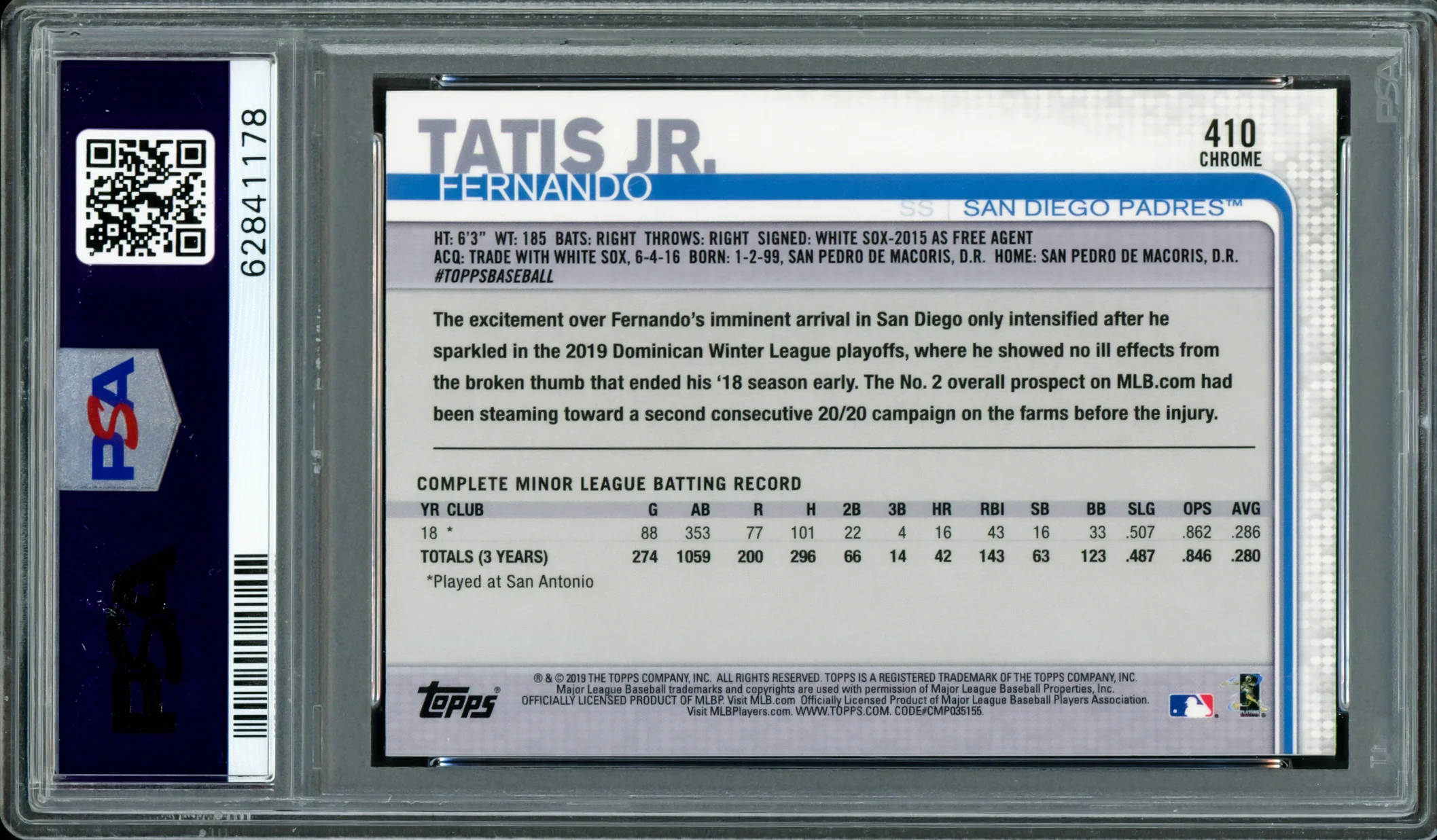 Fernando Tatis Jr. Autographed 2019 Topps Chrome Complete Set Rookie Card #410 San Diego Padres PSA 9 Auto Grade Gem Mint 10 PSA/DNA #62841178 - Image 2