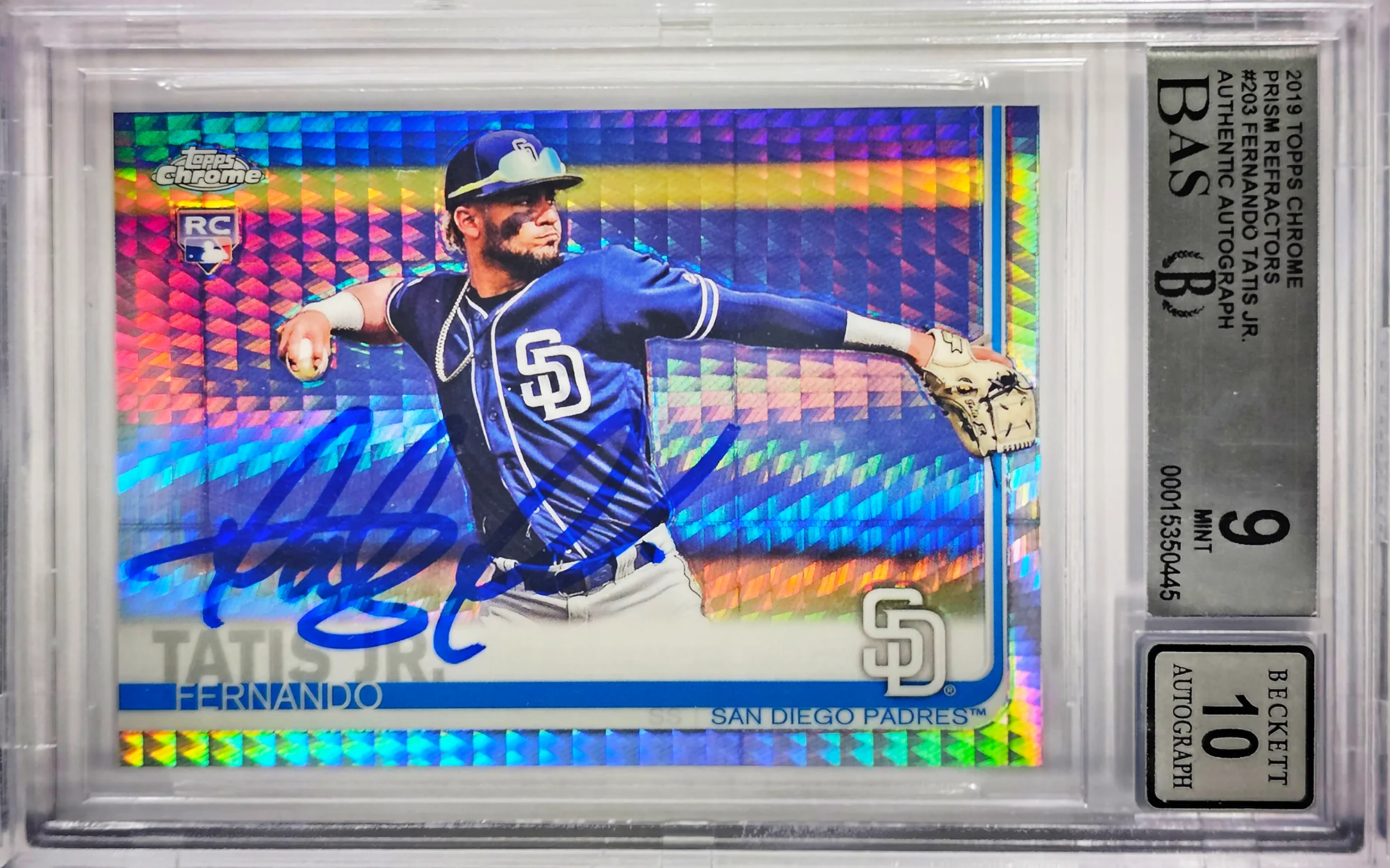 Fernando Tatis Jr. Autographed 2019 Topps Chrome Prism Refractor Rookie Card #203 San Diego Padres BGS 9 Auto Grade Gem Mint 10 Beckett BAS #15350445 - Image 2