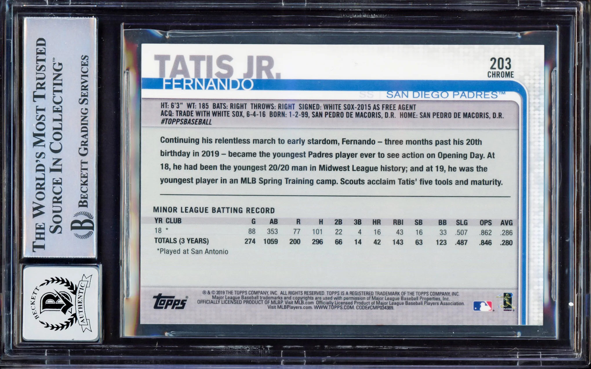 Fernando Tatis Jr. Autographed 2019 Topps Chrome Prism Refractor Rookie Card #203 San Diego Padres BGS 9 Auto Grade Gem Mint 10 Beckett BAS #15350445 - Image 4
