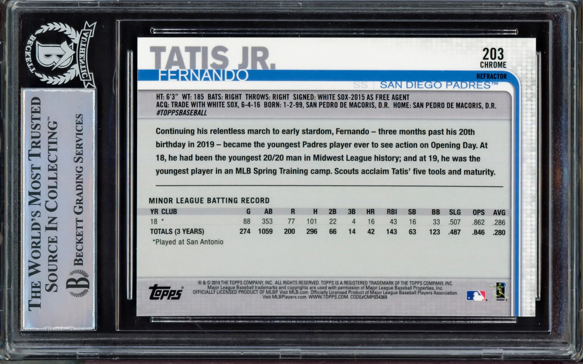 Fernando Tatis Jr. Autographed 2019 Topps Chrome Refractor Rookie Card #203 San Diego Padres (Bubbling) Beckett BAS #15470101 - Image 2