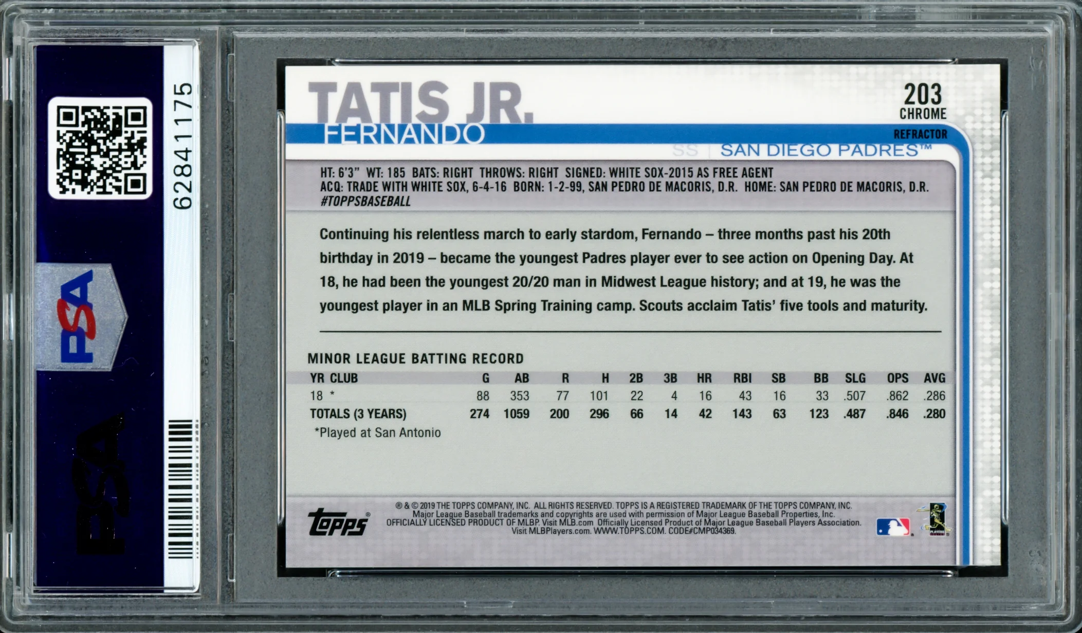 Fernando Tatis Jr. Autographed 2019 Topps Chrome Refractor Rookie Card #203 San Diego Padres PSA 9 Auto Grade Gem Mint 10 PSA/DNA #62841175 - Image 2