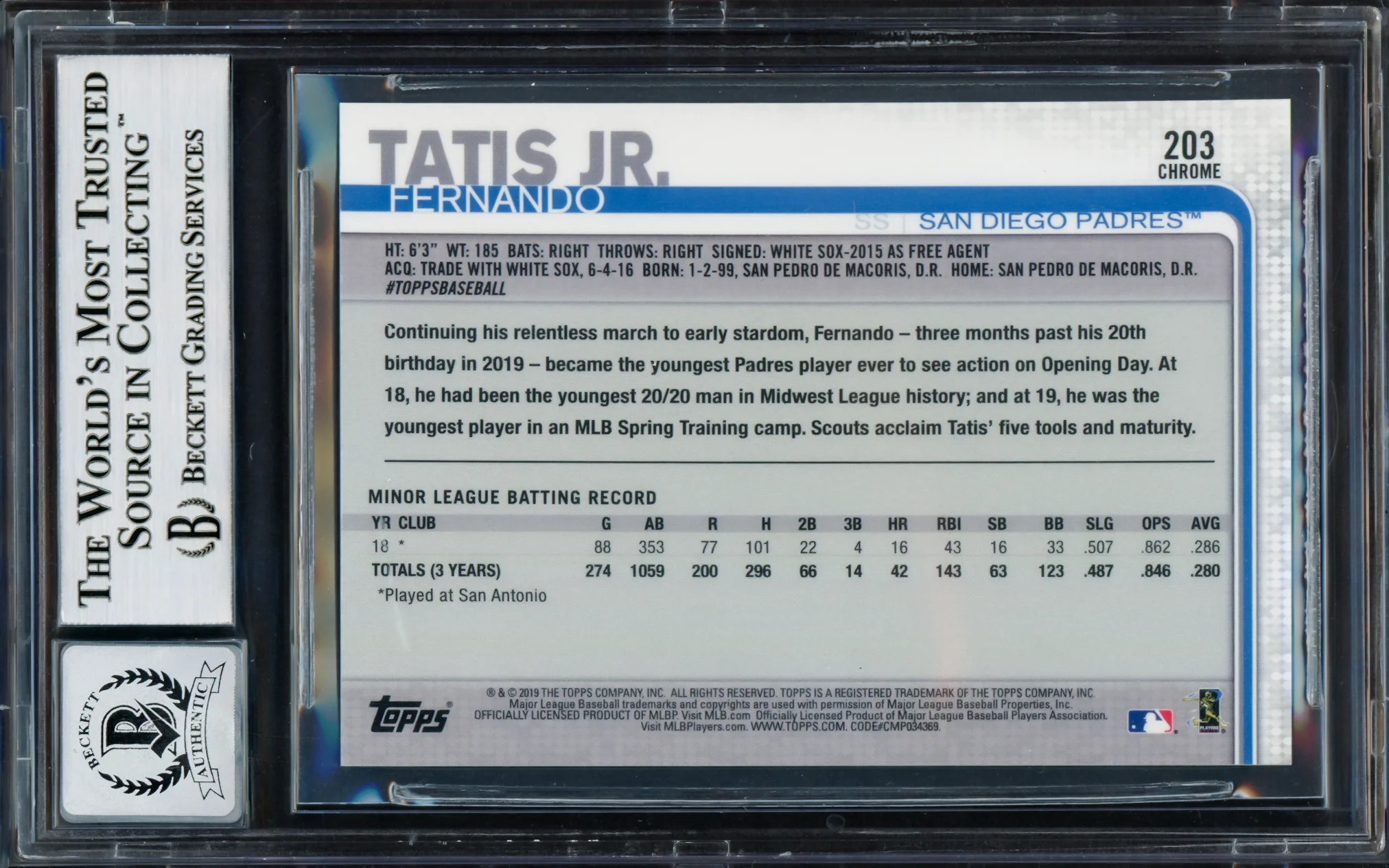 Fernando Tatis Jr. Autographed 2019 Topps Chrome Rookie Card #203 San Diego Padres Auto Grade Gem Mint 10 Beckett BAS Stock #220230 - Image 2