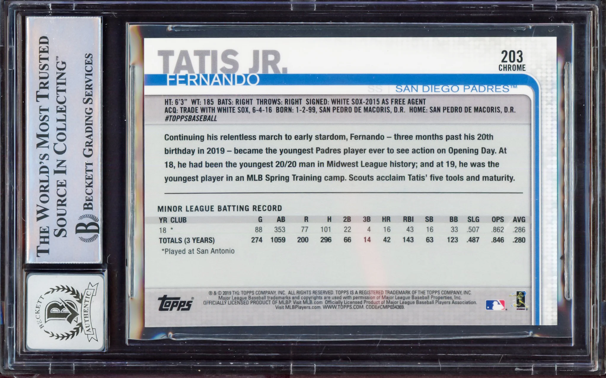 Fernando Tatis Jr. Autographed 2019 Topps Chrome Rookie Card #203 San Diego Padres BGS 8 Auto Grade Gem Mint 10 Beckett BAS #15350703 - Image 2