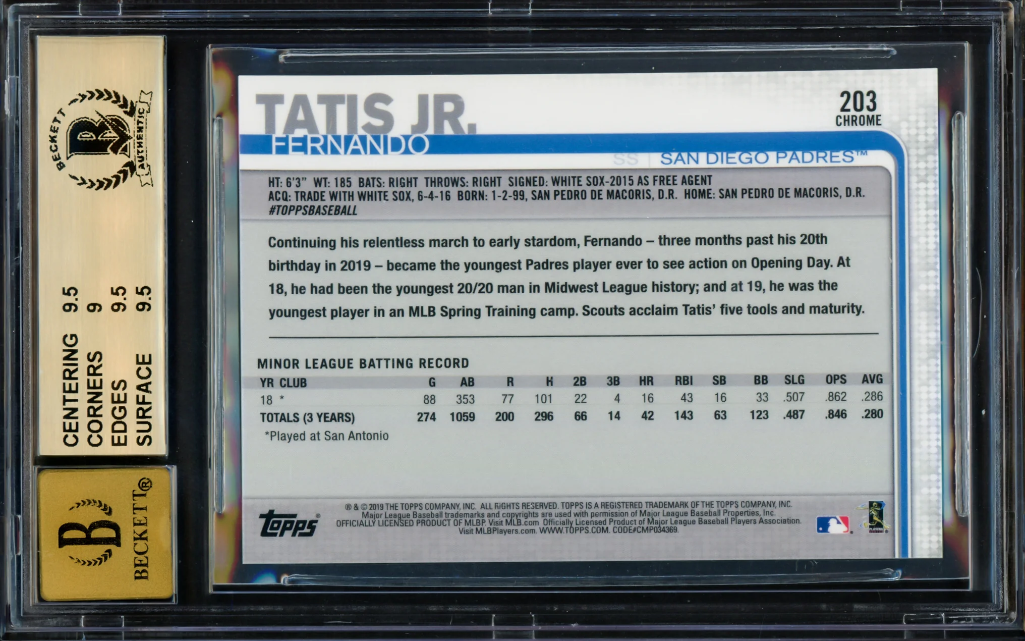Fernando Tatis Jr. Autographed 2019 Topps Chrome Rookie Card #203 San Diego Padres BGS 9.5 Auto Grade Gem Mint 10 Beckett BAS #14323906 - Image 2
