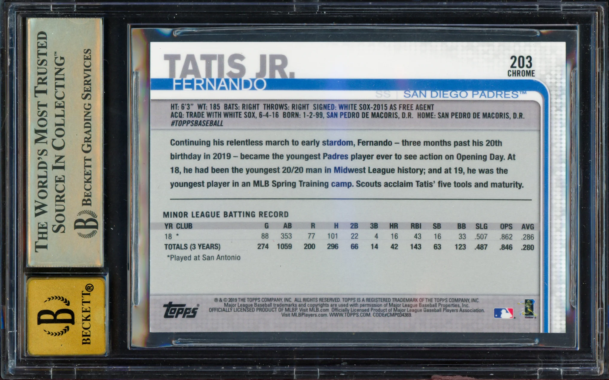 Fernando Tatis Jr. Autographed 2019 Topps Chrome Rookie Card #203 San Diego Padres BGS 9.5 Auto Grade Gem Mint 10 Beckett BAS Stock #262017 - Image 2