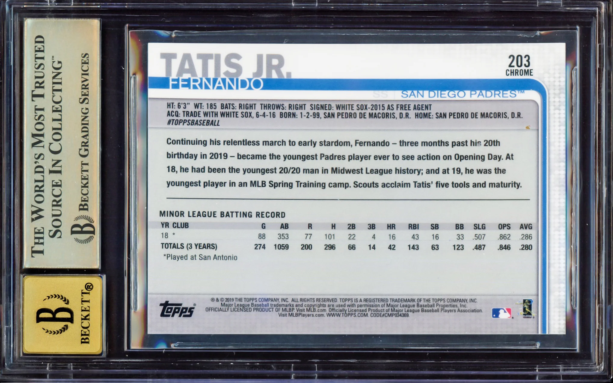 Fernando Tatis Jr. Autographed 2019 Topps Chrome Rookie Card #203 San Diego Padres BGS 9.5 Auto Grade Gem Mint 10 Highest Graded Beckett BAS #15350055 - Image 2