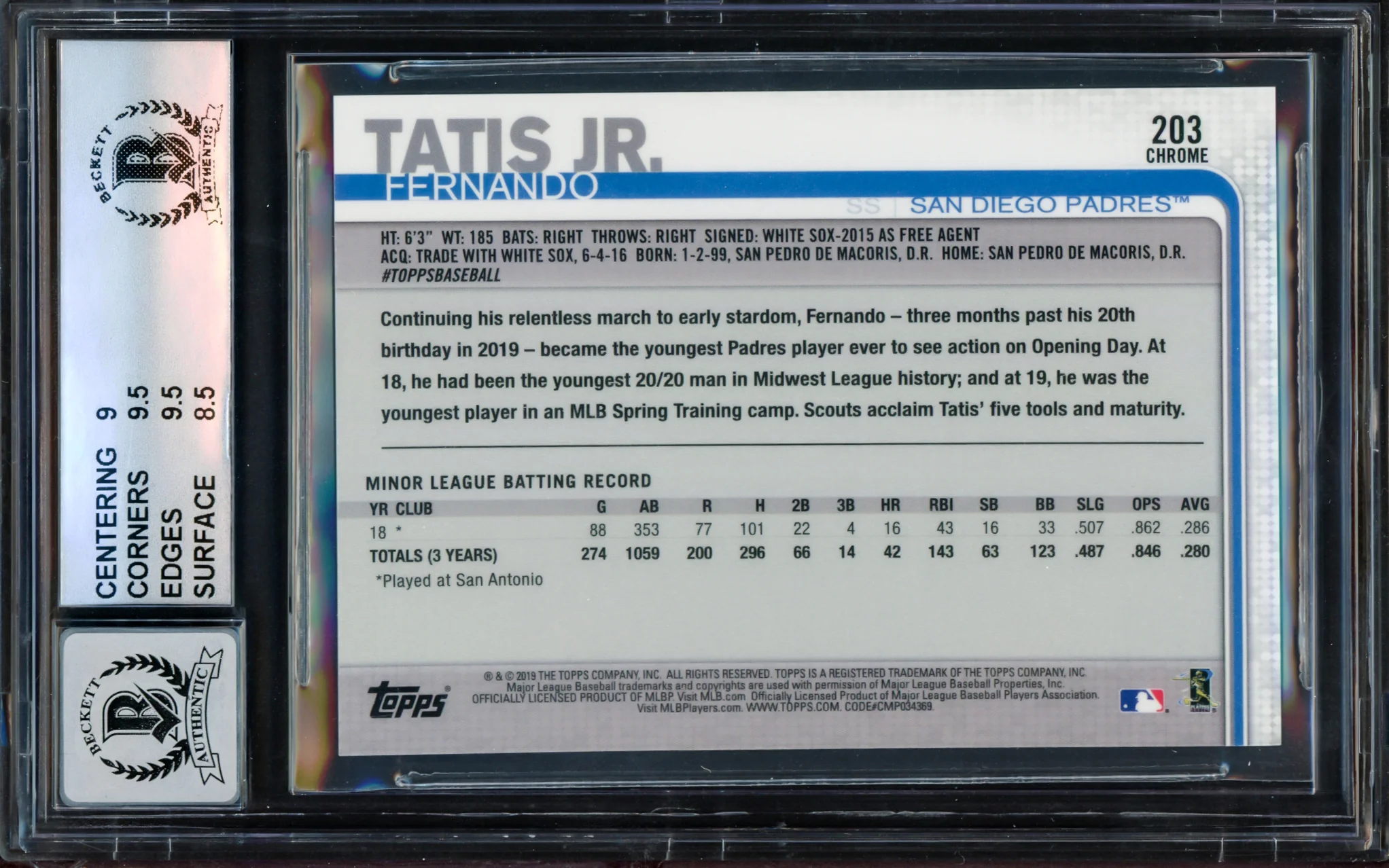 Fernando Tatis Jr. Autographed 2019 Topps Chrome Rookie Card #203 San Diego Padres BGS 9 Auto Grade Gem Mint 10 Beckett BAS #14323907 - Image 2