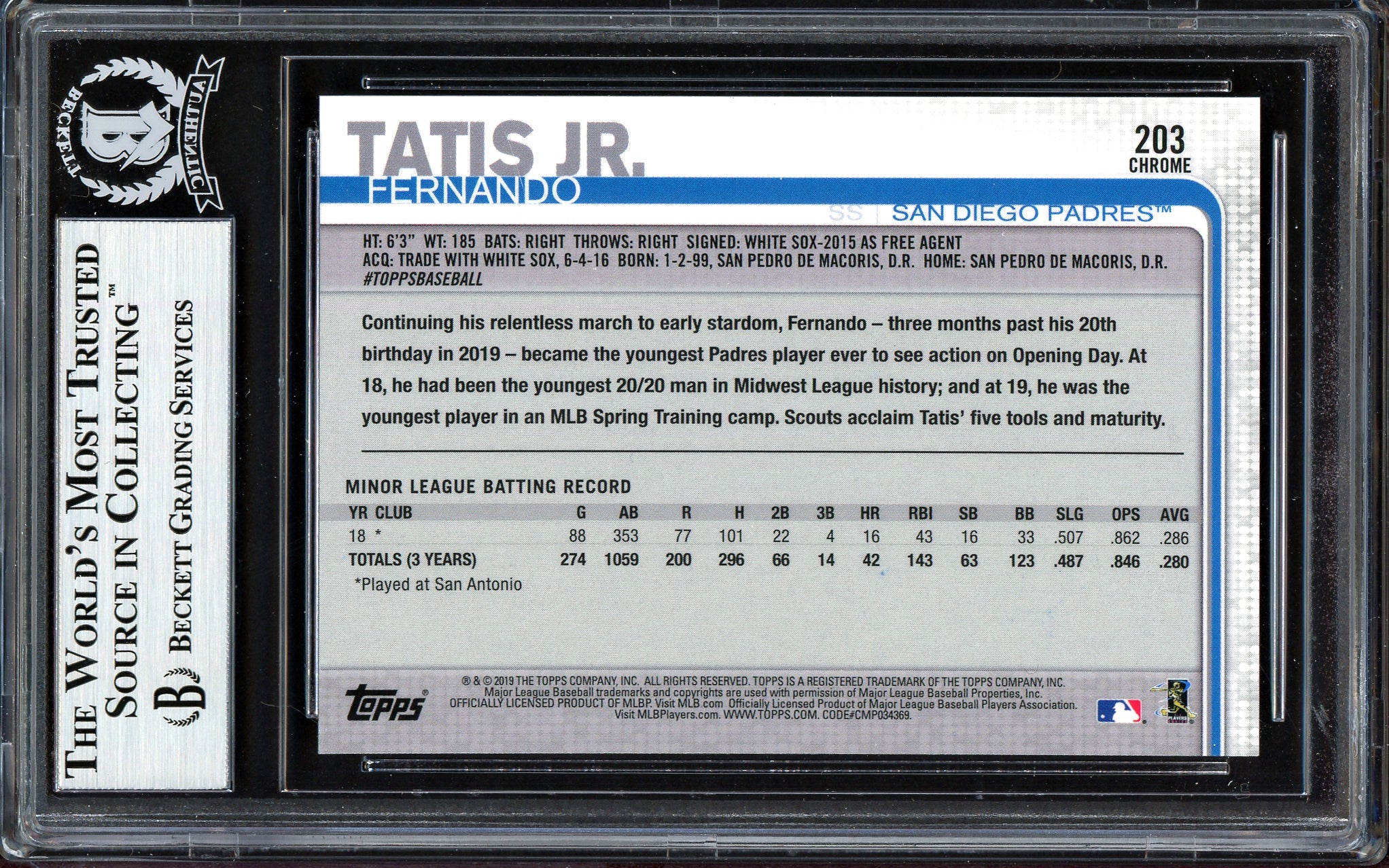 Fernando Tatis Jr. Autographed 2019 Topps Chrome Rookie Card #203 San Diego Padres (Bubbling) Beckett BAS #13609618 - Image 2