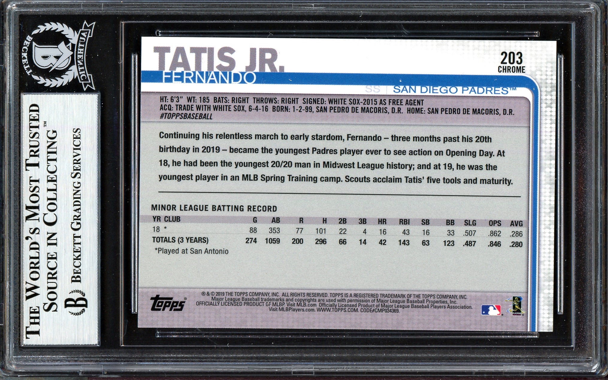 Fernando Tatis Jr. Autographed 2019 Topps Chrome Rookie Card #203 San Diego Padres (Bubbling) Beckett BAS #13609627 - Image 2