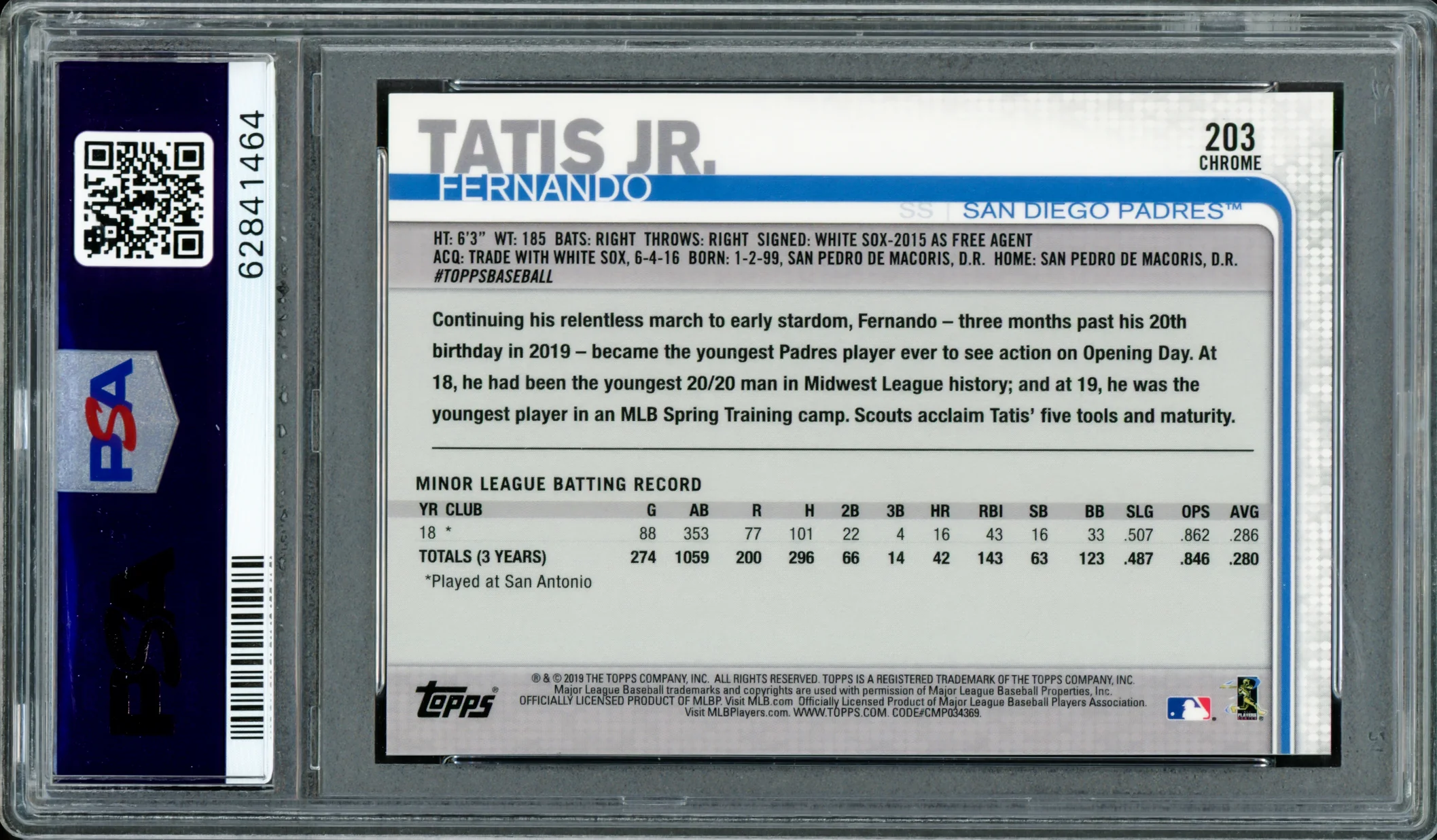 Fernando Tatis Jr. Autographed 2019 Topps Chrome Rookie Card #203 San Diego Padres PSA 10 Auto Grade Gem Mint 10 PSA/DNA #62841464 - Image 2