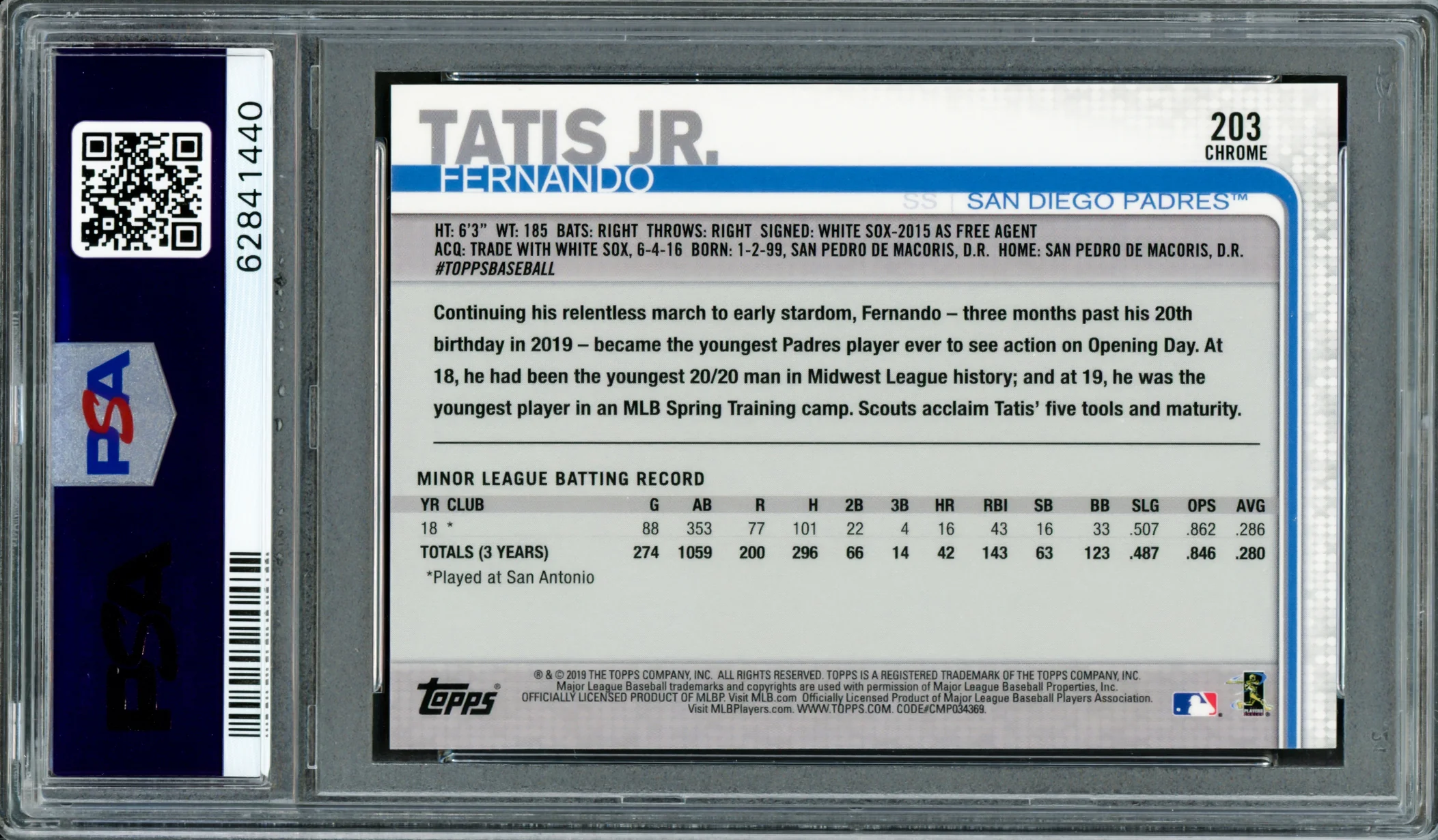 Fernando Tatis Jr. Autographed 2019 Topps Chrome Rookie Card #203 San Diego Padres PSA 10 Auto Grade Mint 9 PSA/DNA #62841440 - Image 2